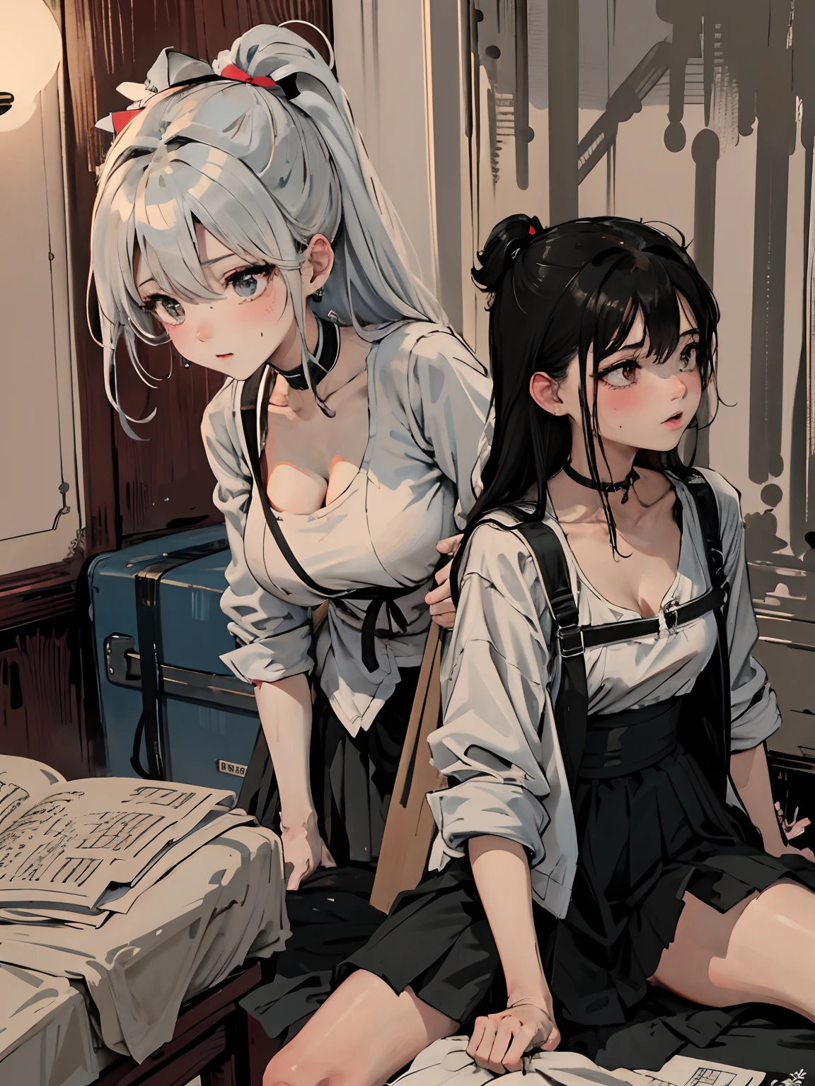 absurderes, 1girll, Be red in the face, (Realistis:1.5), (tmasterpiece, the Extremely Detailed CG Unity 8K Wallpapers, best qualtiy, A high resolution:1.2), (Supergianthugebreasts_Detailed, hyper HD:1.2), lighting perfect, distinctive, (1girll:1.4),Turn your back to the audience , unreal-engine, Sideslit, s the perfect face, 详细的脸, Perfect body, beautidful eyes, Nice face, (Bright Skin:1.4), idoly, (Abs), ulzang-6500-v1.1,,((mediuml breasts)),(a narrow waist),(blond hairbl),(((white shirt short sleeves))),((a black pleated skirt)),((on bedroom)),(choker necklace),((white shirt short sleeves)),(obi strip),((on top of the bed)),upper legs,upper legs,upper legs(full bodyesbian:1.4),By bangs,(eye glass)),sharp sharp eyes,Peck the corners of the mouth,silver earring,