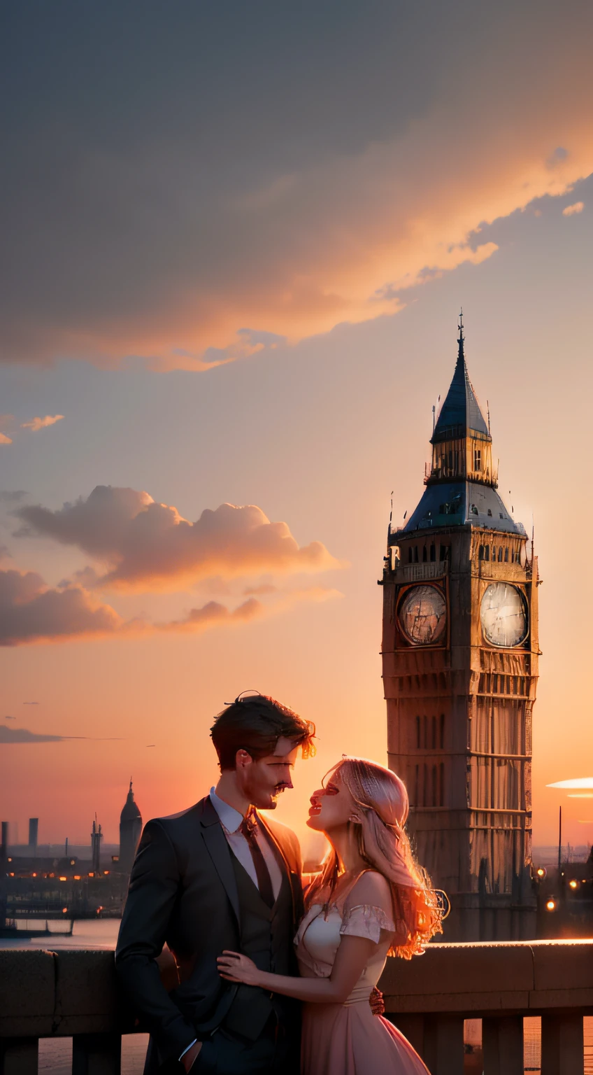 Romantic sunset setting: A stunning image of a British city at dusk, with an iconic tower at its center. The sky is painted in warm shades of orange and pink, creating a romantic and dramatic atmosphere. Em primeiro plano, os perfis de Emily e Thomas (Velho) are visible, with expressions that reflect the internal conflict between love and the difficulties faced.