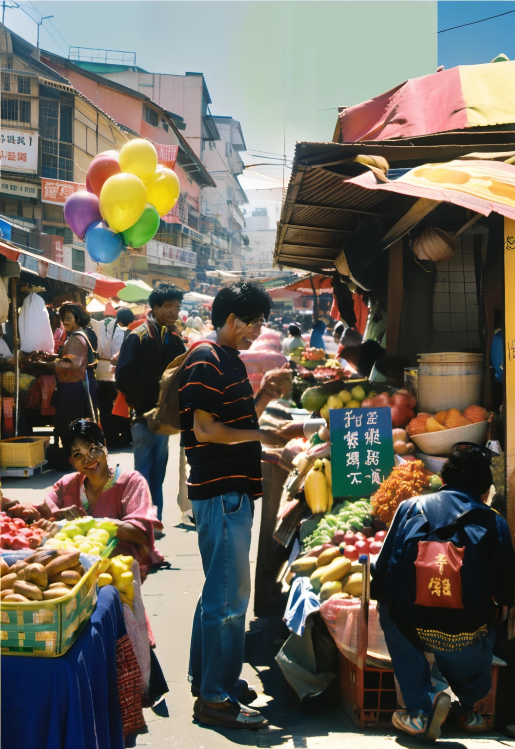 Draw a man standing in front of a food stall with a balloon, the vibrant echoes of the market, Market, street vendors, busy market, street market, ((Realistic colors)), wet market street, sunday afternoon, market setting, Album art, Cheerful ambiance, digital collage, overlaid with chinese adverts, people shopping, marketplace, nostalgic and euphoric