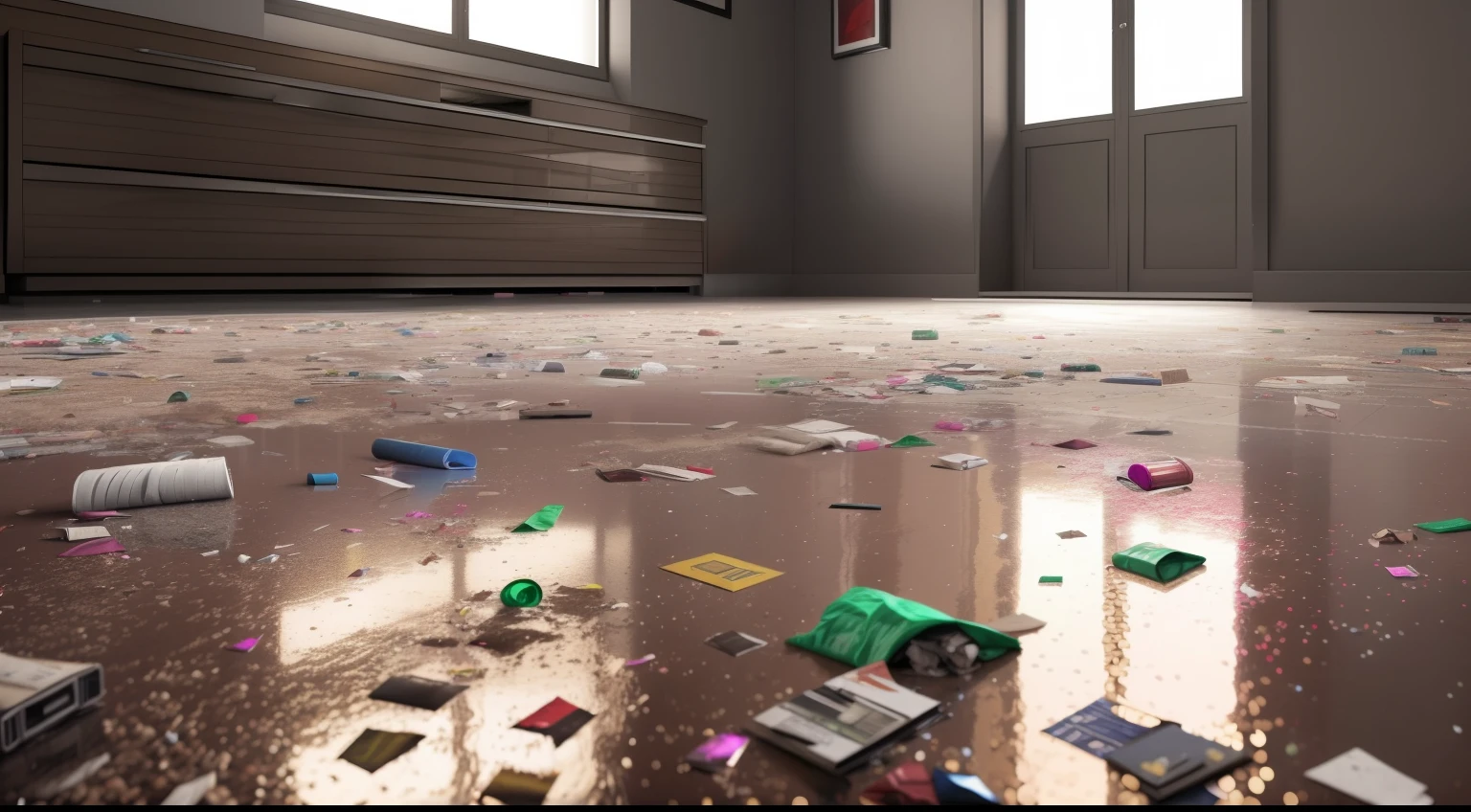 Best quality, ultra high res, (photorealistic:1.4), hdr, hyperdetailed. Sequins. Trash on the floor. Empty cans. Mountains of rubbish. Rubbish. Spoiled food on the floor. Dirty floor. Red and grey colors in interior design. A lot of space.