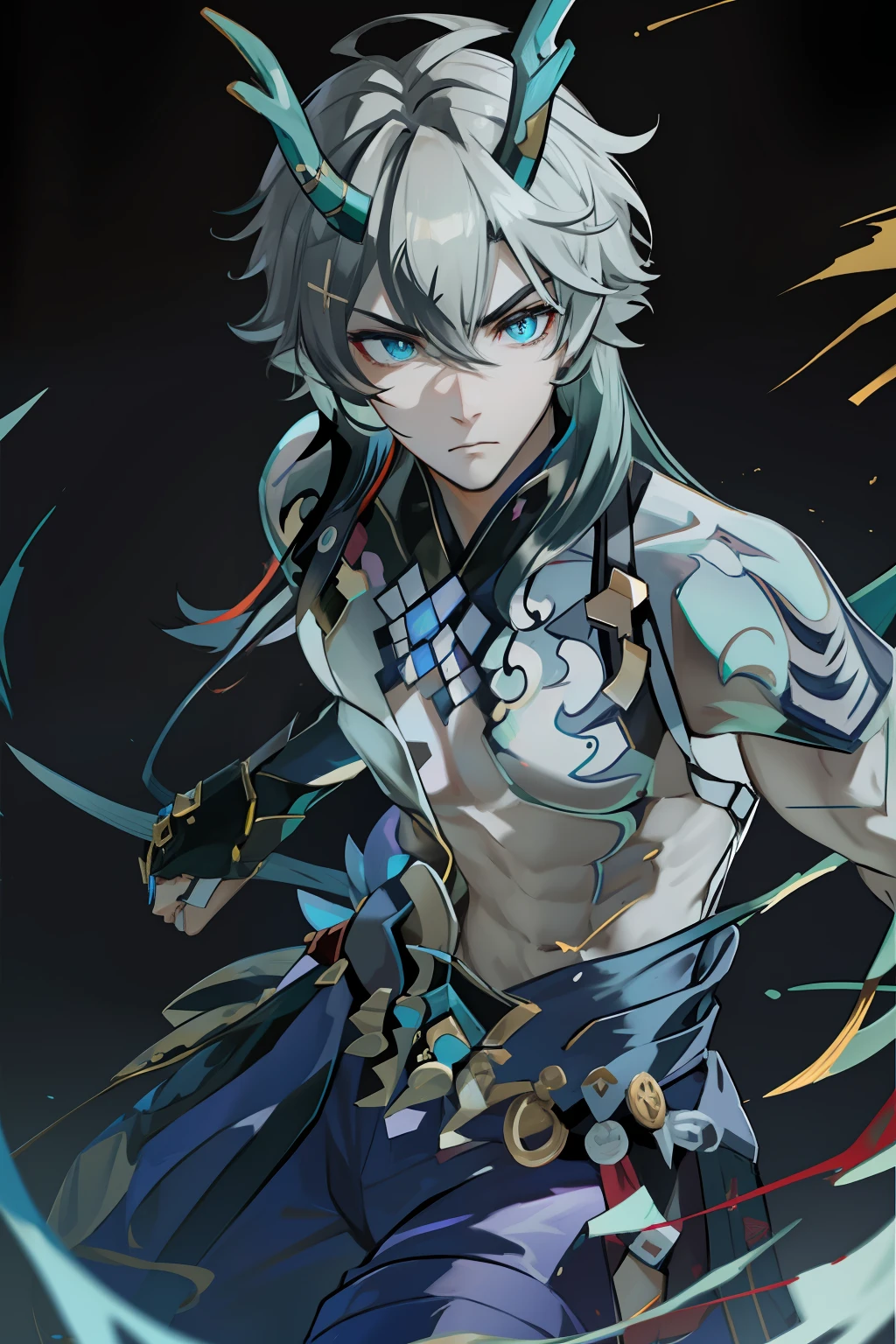 (absurderes,A high resolution,Hyper-detailing,hdr),Dragon's horn,younge boy,tmasterpiece,best qualtiy,1人,独奏,Handsome,Golden eyes,Fine eyes and detailed face,toppless,Tattooed with,arma,Pondering,Indifferent and arrogant,Abs,chest muscle,Raised sexy,Ruffian,Show your temperament,Male,masculine appeal,Male characteristics are distinct,Long messy hair,Arrogant,self-assured,Pondering,Legs crossed,white pantie,supreme,Lazy,Handsome,