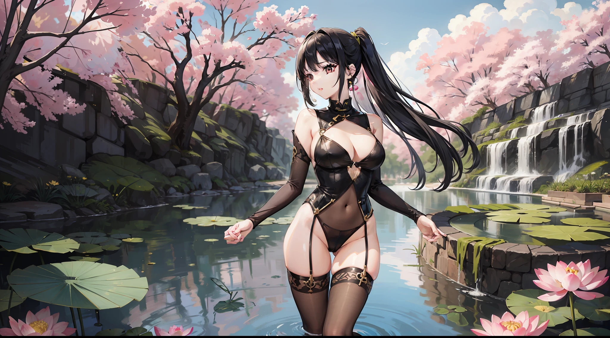 hoang lap，A high resolution，ultra - detailed，photo-realistic（1girll：1.3），handpainted，Simple lines，16-year-old girl in pink Chinese-style outfit，beuaty girl，In the lotus pond，tmasterpiece，standing in water，black pantyhoses，black pantyhoses，ssmile，looking toward the viewer，Large round chest，Raised sexy，black pantyhoses，Dance，black pantyhoses，Gold earrings