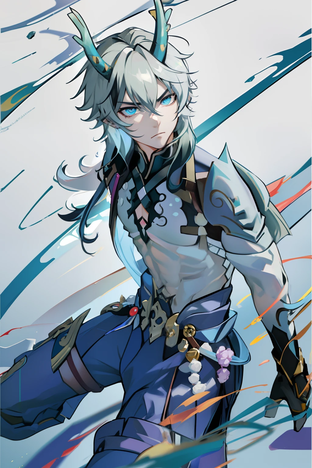 (absurderes,A high resolution,Hyper-detailing,hdr),Dragon's horn,younge boy,tmasterpiece,best qualtiy,1人,独奏,Handsome,Golden eyes,Fine eyes and detailed face,toppless,Tattooed with,arma,Pondering,Indifferent and arrogant,Abs,chest muscle,Raised sexy,Ruffian,Show your temperament,Male,masculine appeal,Male characteristics are distinct,Long messy hair,Arrogant,self-assured,Pondering,Legs crossed,white pantie,supreme,Lazy,Handsome,