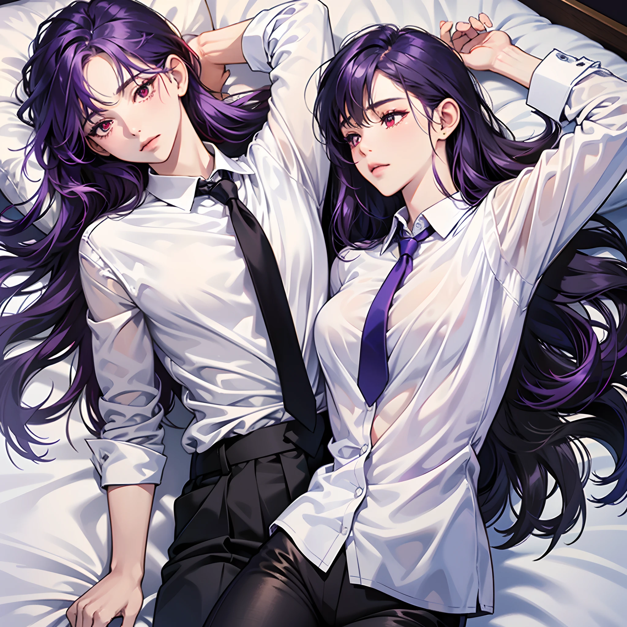 Detailed shiny skin,(Fidelity,Fidelity:1.4),A pretty girl,Lie down in bed,Be red in the face,drools,white shirt,collared shir,black necktie,Black pants(Nasal redness),Red eyes and purple hair+long whitr hair ,Sleep in bed