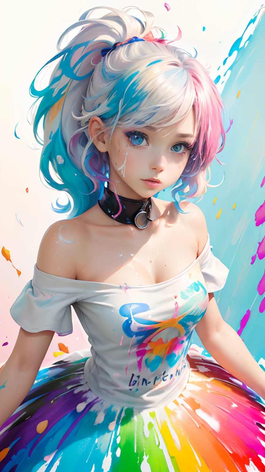 (Pink Fashion T-shirt:1.9),(Colorful hair: 1.8), (all the colours of the rainbow: 1.8),(((((vertical painting:1.6))), (painting:1.6),front, comics, illustrations, paintings, large eyes, crystal clear eyes,( rainbow color gradient high ponytail:1.7), exquisite makeup, closed mouth,(Small Fresh: 1.5),(Wipe Chest: 1.6) ,long eyelashes, white off shoulder T-shirt, White Shoulder Shirt,looking at the audience, large watery eyes, (rainbow colored hair:1.6), color splash, (solo:1.8), color splash, color explosion, thick paint style, messy lines, ((shining)),(colorful), (colorful), (colorful), colorful, Thick Paint Style, (Splash) (Color Splash), Vertical Painting, Upper Body, Paint Splash, Acrylic Pigment, Gradient, Paint, Highest Image Quality, Highest Quality, Masterpiece, Solo, Depth of Field, Face Paint, colorful clothes, (Elegant: 1.2), gorgeous,long hair, wind, (Elegant: 1.3), (Petals: 1.4),(((masterpiece))),(((best quality))),((ultra-detailed)),(illustration),(dynamic angle),((floating)),(paint),((disheveled hair)),(solo),(1girl) , (((detailed anima face))),((beautiful detailed face)),collar,bare shoulders,white hair, ((colorful hair)),((streaked hair)),beautiful detailed eyes,(Gradient color eyes),(((colorful eyes))),(((colorful background))),(((high saturation))),(((surrounded by colorful splashes))),