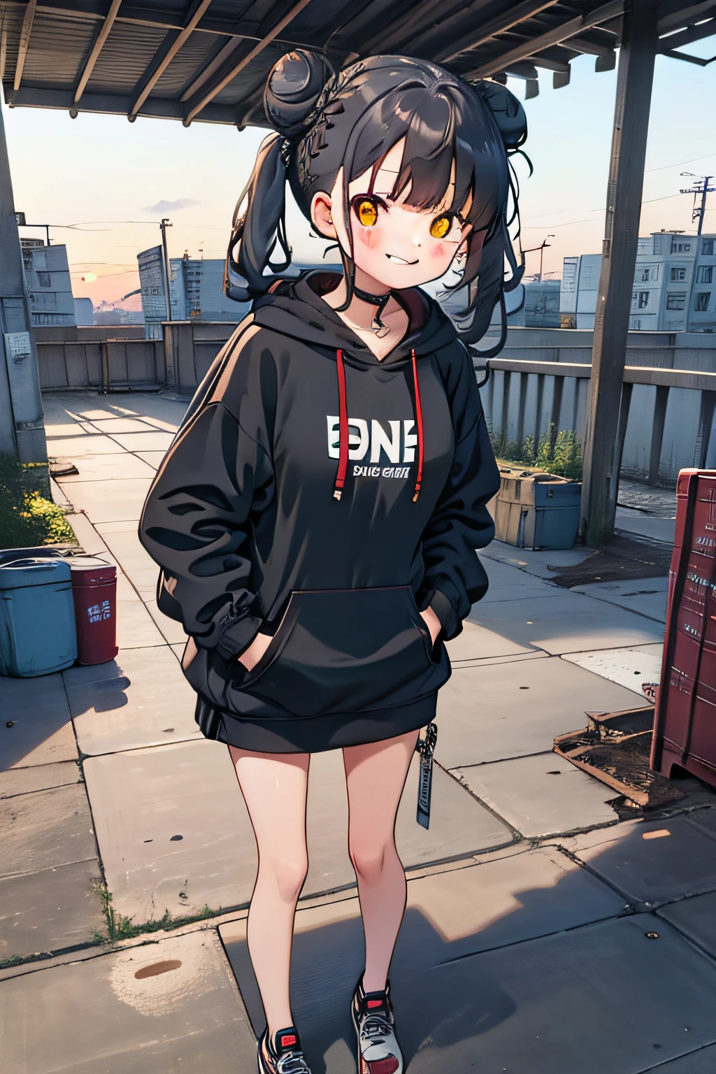 masterpiece, best quality, 1girl, solo, black hair, blunt bangs, braided buns, twintails, yellow eyes, (black big hoodie), (a knee-length hoodie), smiling, laughing, standing, (five fingers), a dirt floor, in the port, construction site, (many containers), stacked with lots of containers, in the afternoon, (an evening glow), blood on one's hands, bloodied on the floor, (a pool of blood)