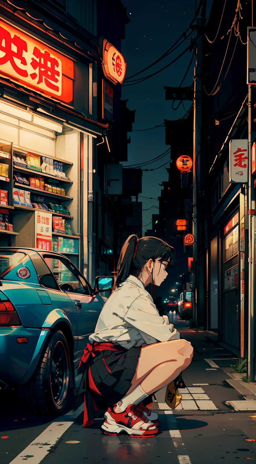 (Japanese convenience store), solo, ((1 girl)), ((crouching)), (crouched), beside a 1990 Mazda MX5, (3/4 full body side profile), ((car)), JDM, BMW E30, Honda NSX, Toyota AE86, night time, starry, cyberpunk art style, sidewalk, vibrant, beautifully detailed, best quality, (highly detailed), wallpaper