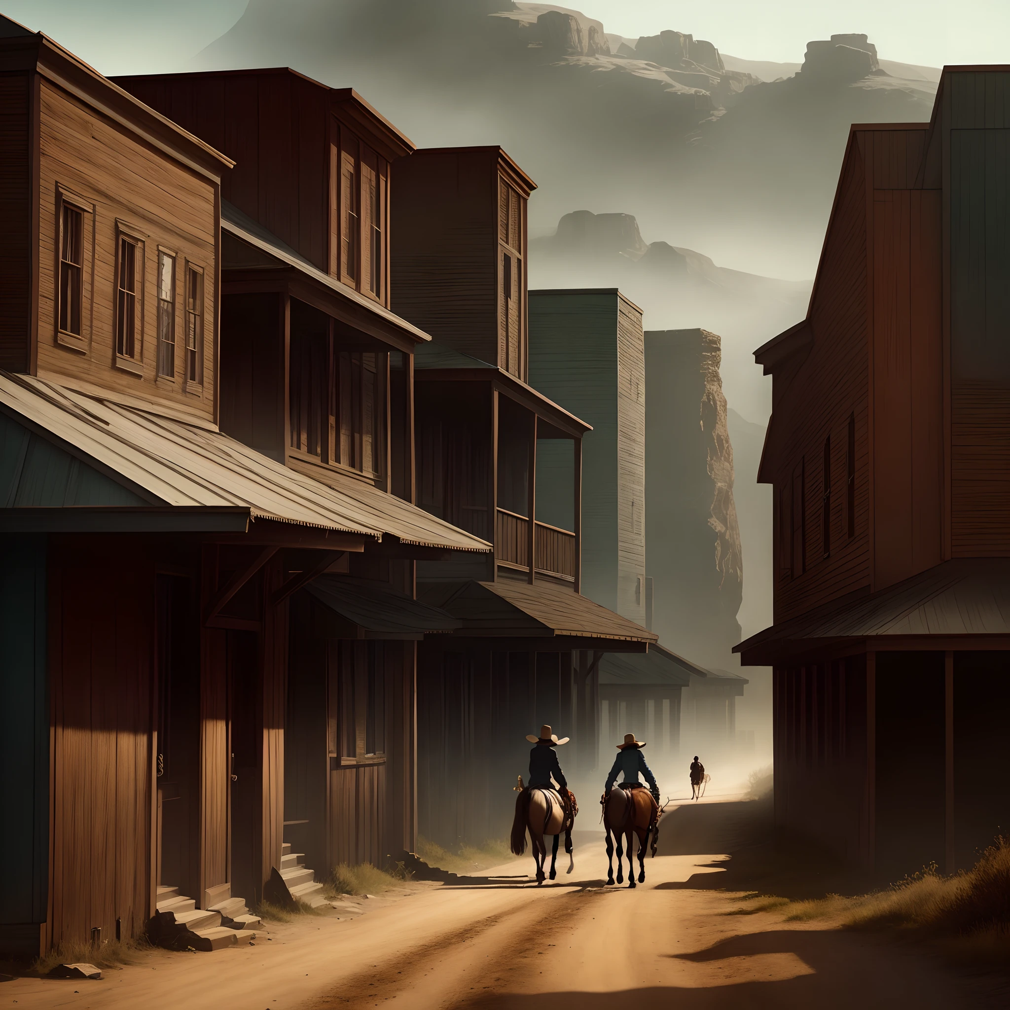 A ghost town in the wild west and a cowboy walking with his horse and dog