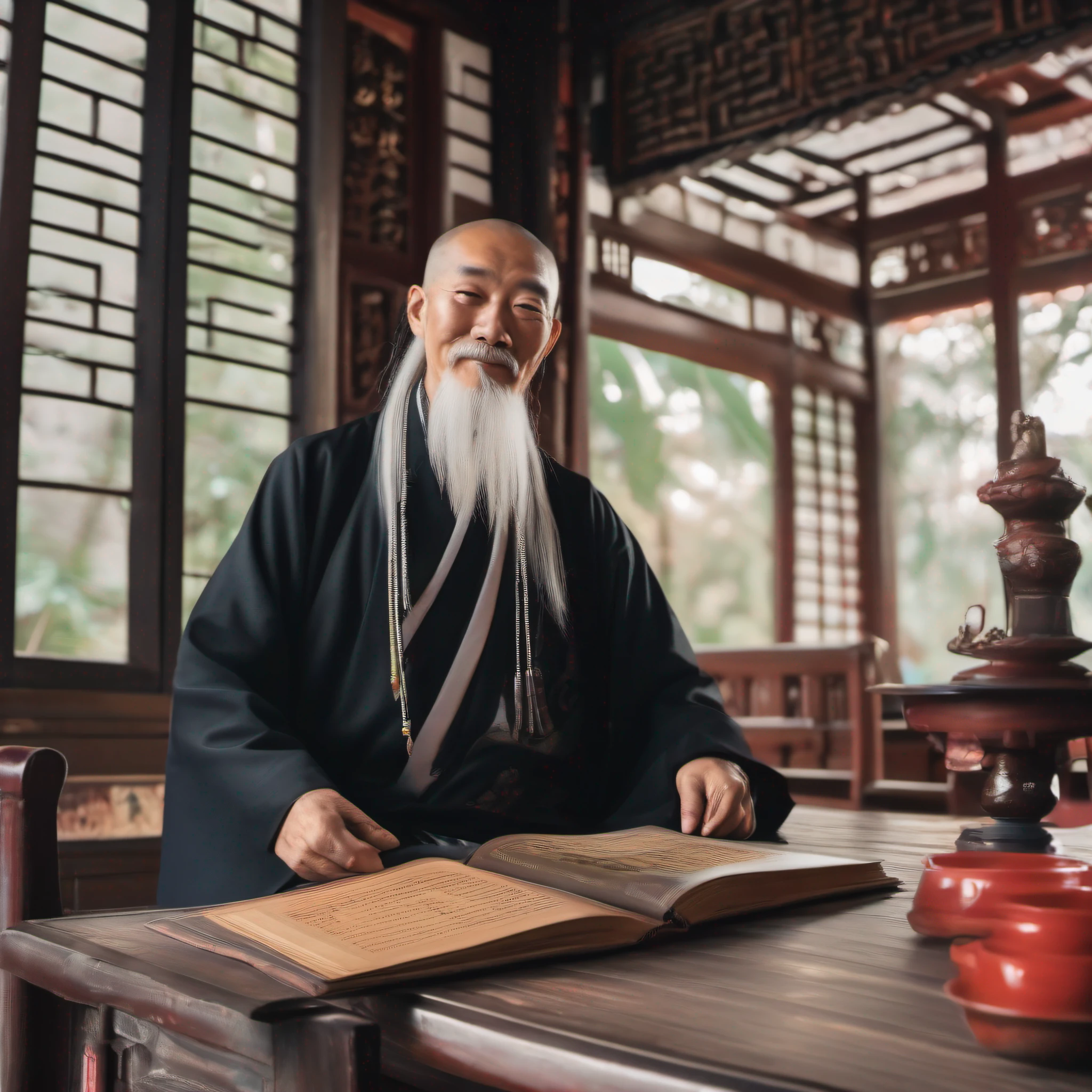HD white-bearded old Taoist priest wearing Taoist uniform，Sit at a table at the Taoist temple，On the table was the book of the I Ching，Face the lens，Kind smile