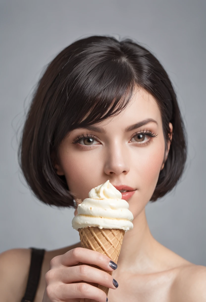 Beautiful woman with black hair bob cut holding soft ice cream in one hand
