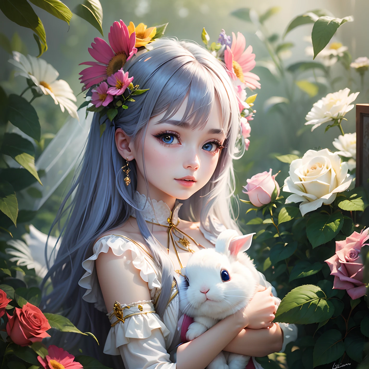 A cute white rabbit in one hand，One hand touches the rose next to it，Ultra-clear details