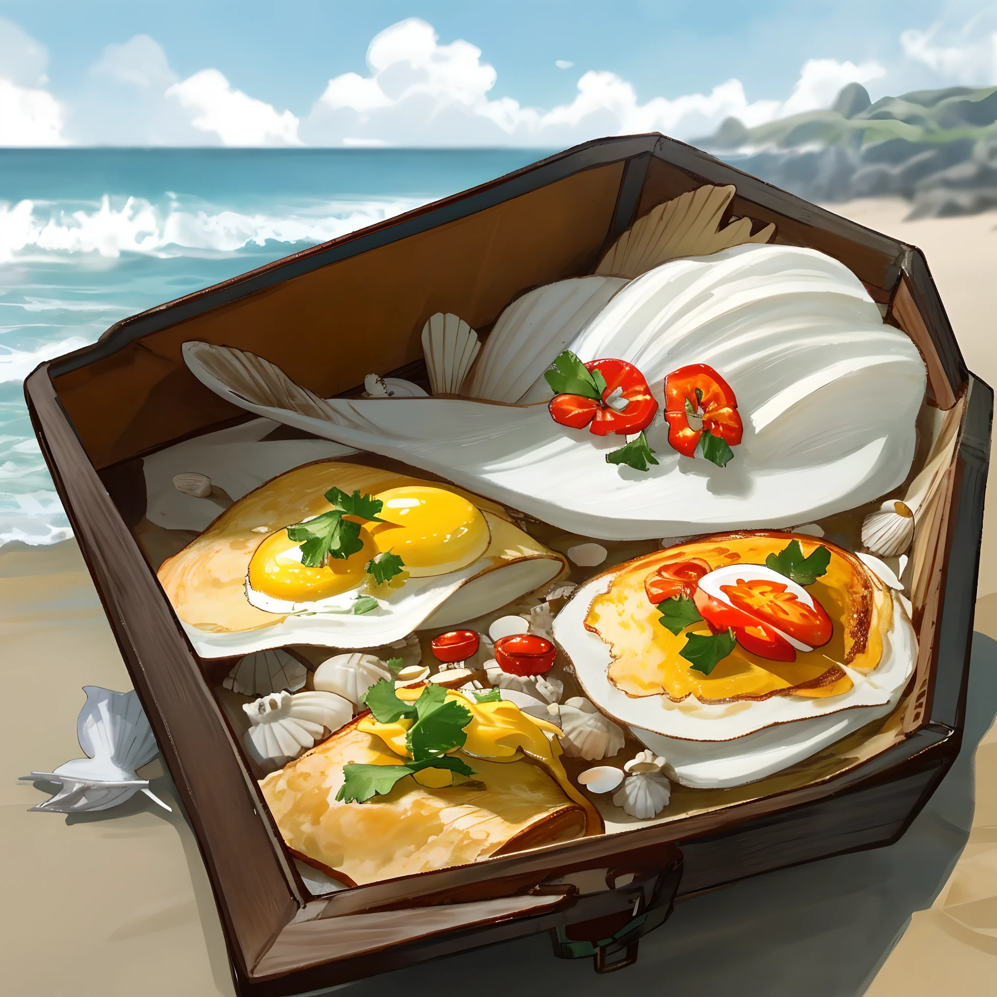 Panorama A white-haired man in a coffin,Holding a pan in his hand,There are omelette in the pan,By the sea,Located on the beach,The body is decorated with shells