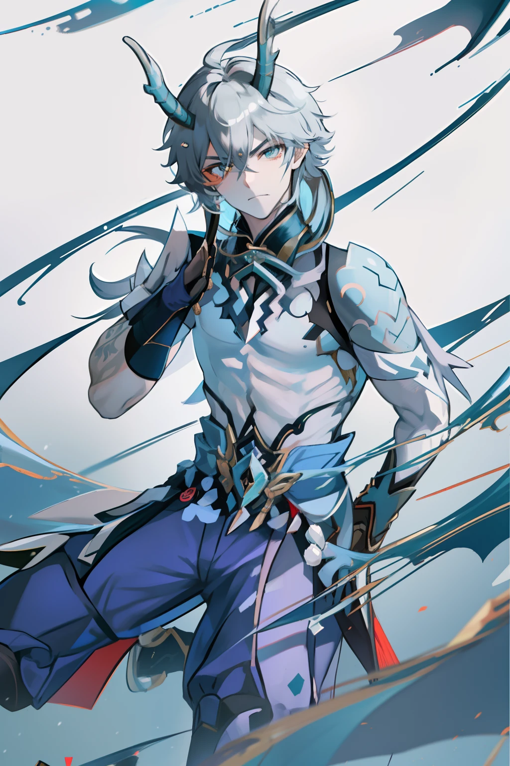 (absurderes,A high resolution,Hyper-detailing,hdr),Dragon's horn,younge boy,tmasterpiece,best qualtiy,1人,独奏,Handsome,Golden eyes,Fine eyes and detailed face,toppless,Tattooed with,arma,Pondering,Indifferent and arrogant,Abs,chest muscle,Raised sexy,Ruffian,Show your temperament,Male,masculine appeal,Male characteristics are distinct,Long messy hair,Arrogant,self-assured,Pondering,Legs crossed,white pantie,supreme,Lazy,Handsome,Snow,clubs