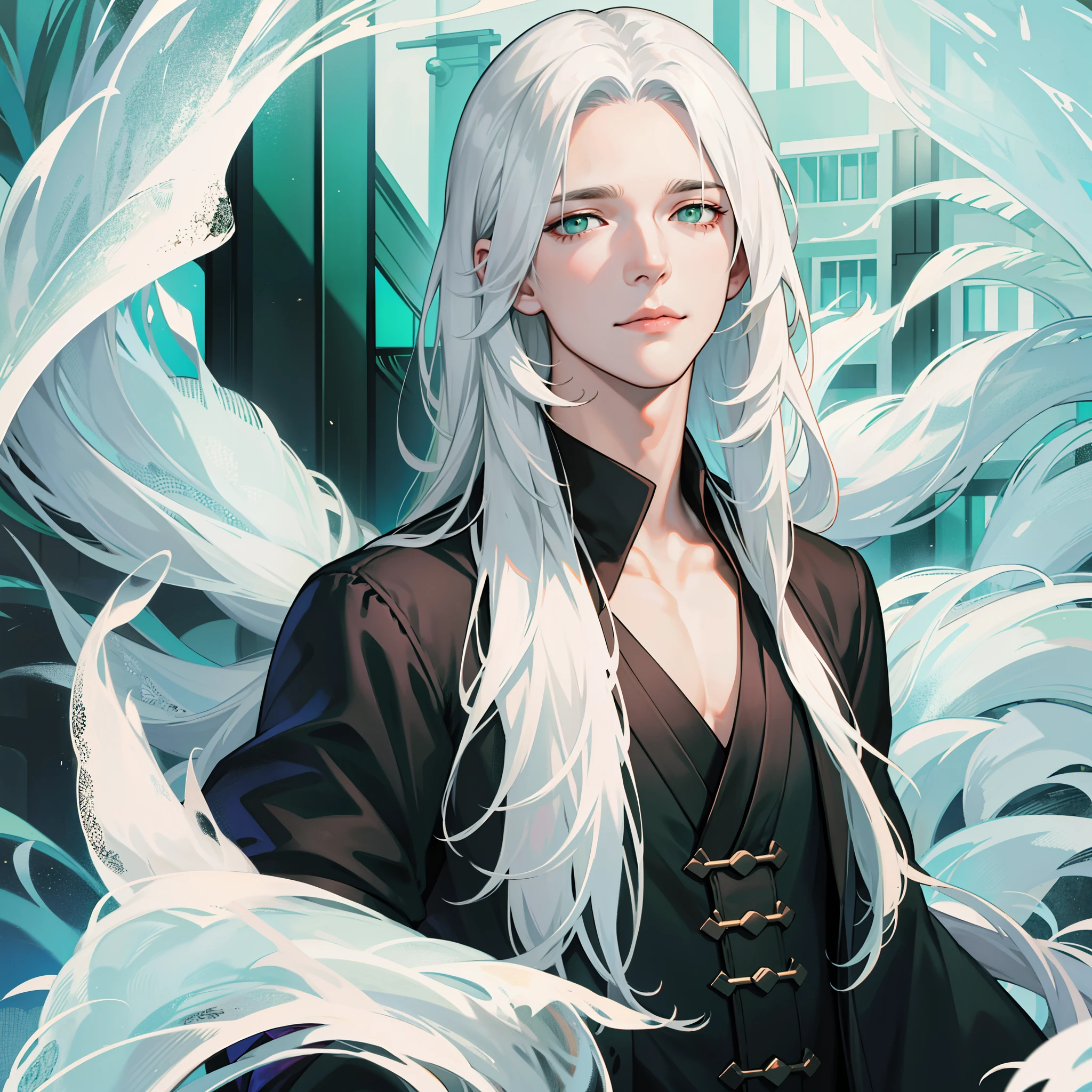 （1 man），（独奏），（Single portrait），（flatchest），（Long white hair），Green eyes，Business suit，Dark atmosphere，grieves，facial closeups，（Face portrait）