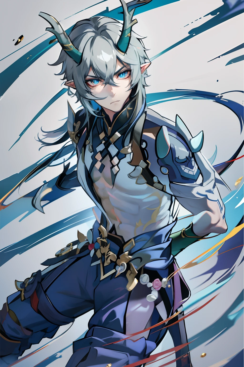 (absurderes,A high resolution,Hyper-detailing,hdr),Dragon's horn,younge boy,tmasterpiece,best qualtiy,1人,独奏,Handsome,Golden eyes,Fine eyes and detailed face,toppless,Tattooed with,arma,Pondering,Indifferent and arrogant,Abs,chest muscle,Raised sexy,Ruffian,Show your temperament,Male,masculine appeal,Male characteristics are distinct,Long messy hair,Arrogant,self-assured,Pondering,Legs crossed,white pantie,supreme,Lazy,Handsome,