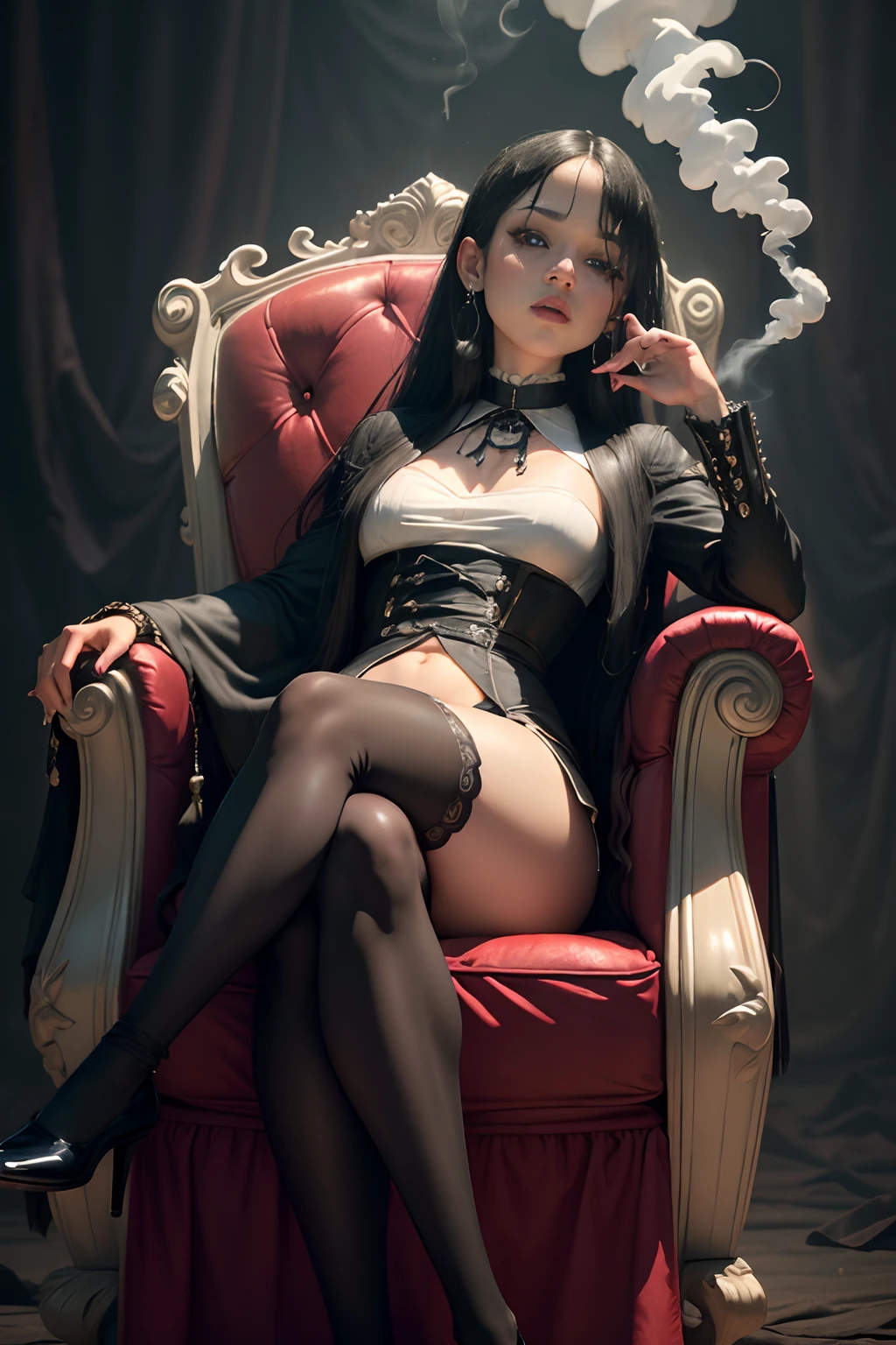 (cbzbb:1.25),sexzy wednesday as Jenna Ortega, The Addams Family, smoking cigrattee,full body view, very horror background.1female, 8k, hdr effect,glory goddess sitting in sexzy bloody queen horror chair,