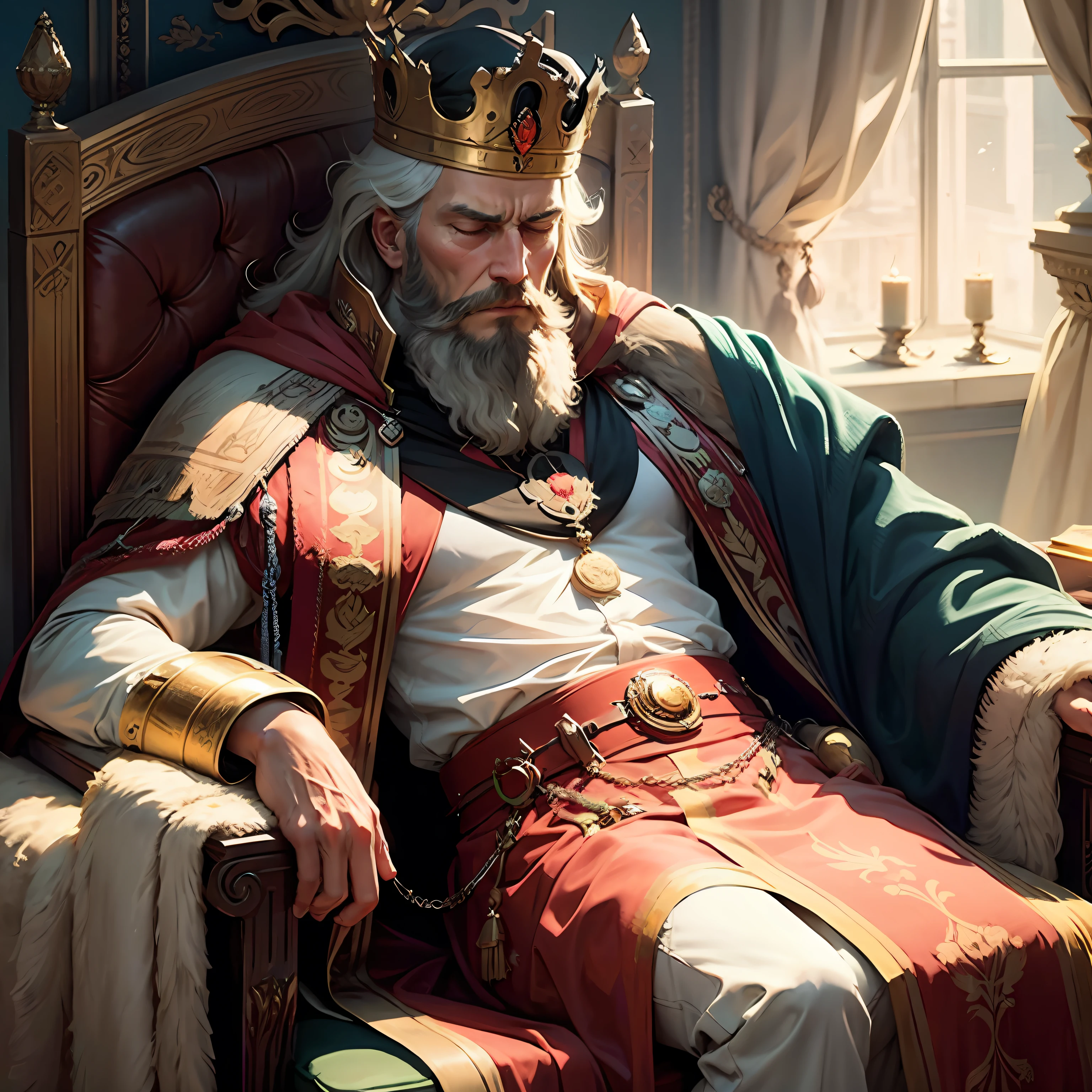 D. Manuel I, 14th King of Portugal, Portuguese king with crown on his head, bearded, bearded, King, sleeping, sleeping, taking a nap, relaxed - cartoon style --auto