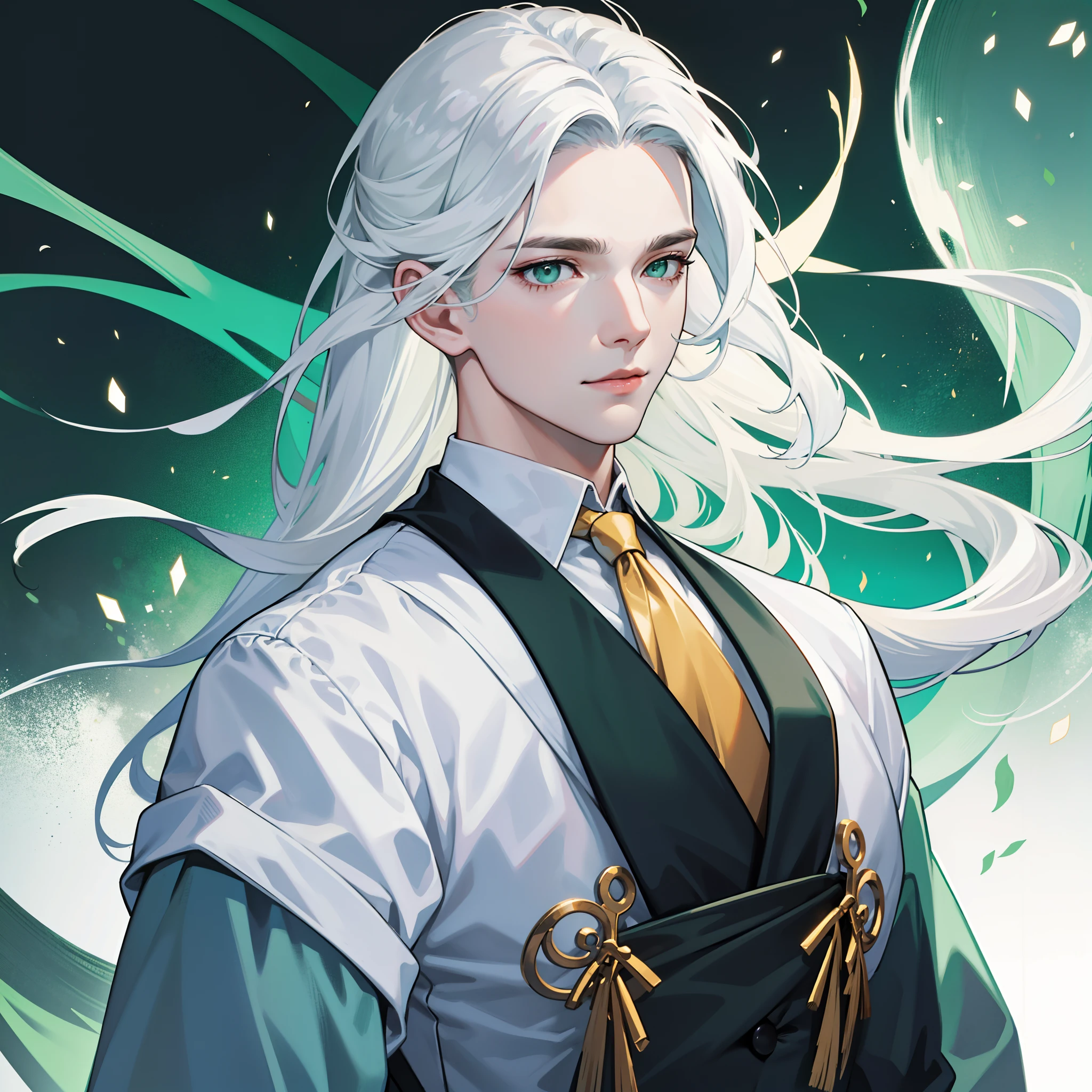 (1 man),(独奏),(Single portrait),(flatchest),(Long white hair),Green eyes,Business suit,Dark atmosphere,grieves,facial closeups,(Face portrait)
