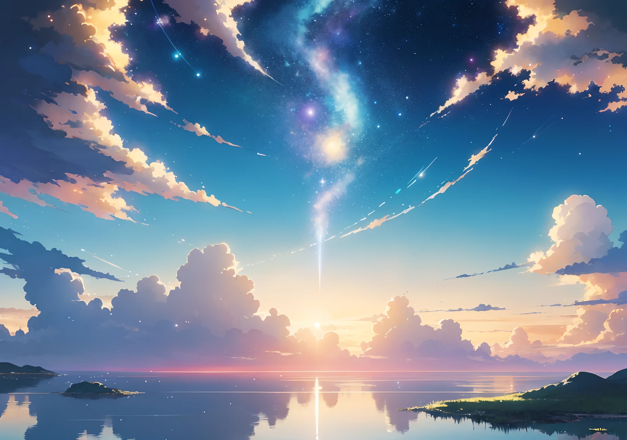 A beautiful sunset with clouds and stars over the water - SeaArt AI