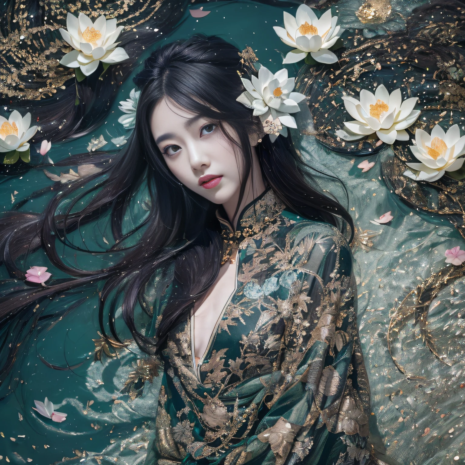 32K(tmasterpiece,k hd,hyper HD,32K)Long flowing black hair,ponds,zydink, a color, Xuzhou people (seductiv), (Transparent tulle), Mahjong gestures, looking at the ground, Maruko long hair, Floating hair, Carp pattern headdress, Chinese long-sleeved gold silk armor, (Abstract gouache splash:1.2), Pink petal background,Pink and white lotus flowers fly(realisticlying:1.4),Black color hair,Fallen leaves flutter,The background is pure, A high resolution, the detail, RAW photogr, Sharp Re, Nikon D850 Film Stock Photo by Jefferies Lee 4 Kodak Portra 400 Camera F1.6 shots, Rich colors, ultra-realistic vivid textures, Dramatic lighting, Unreal Engine Art Station Trend, cinestir 800,Long flowing black hair,Clear blue gauze clothes