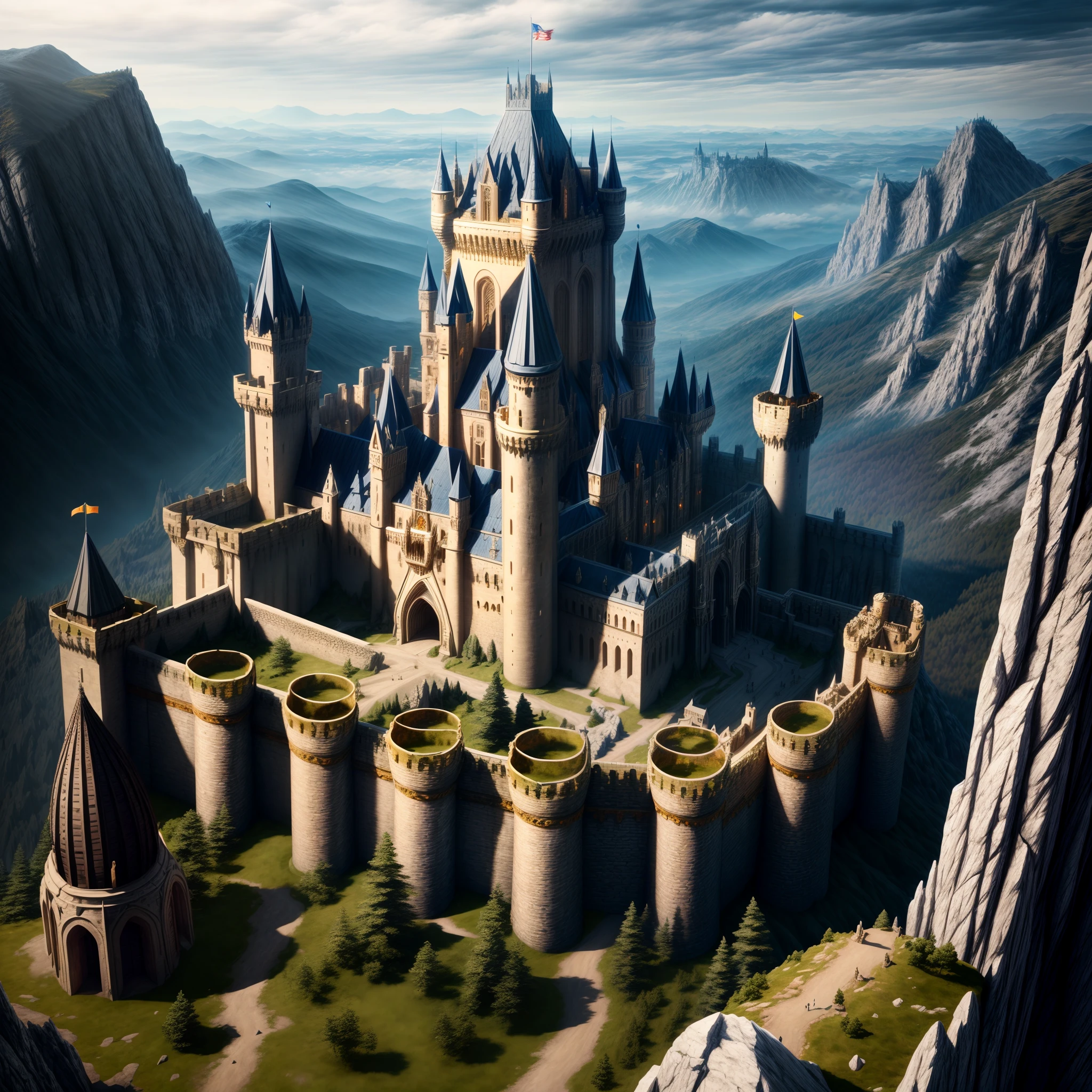 wide - angle shot, The Fantasy giant medieval castle on the mountain ,Detailed and complex background,ultra realistic, high resolution, hyper HD,, reflective light, structurally correct, Award-Awarded, high detail, lighten shade contrast, cinematic lighting, masterpiece, super detailing, high quality, high detail, best quality, 16k,High contrast,