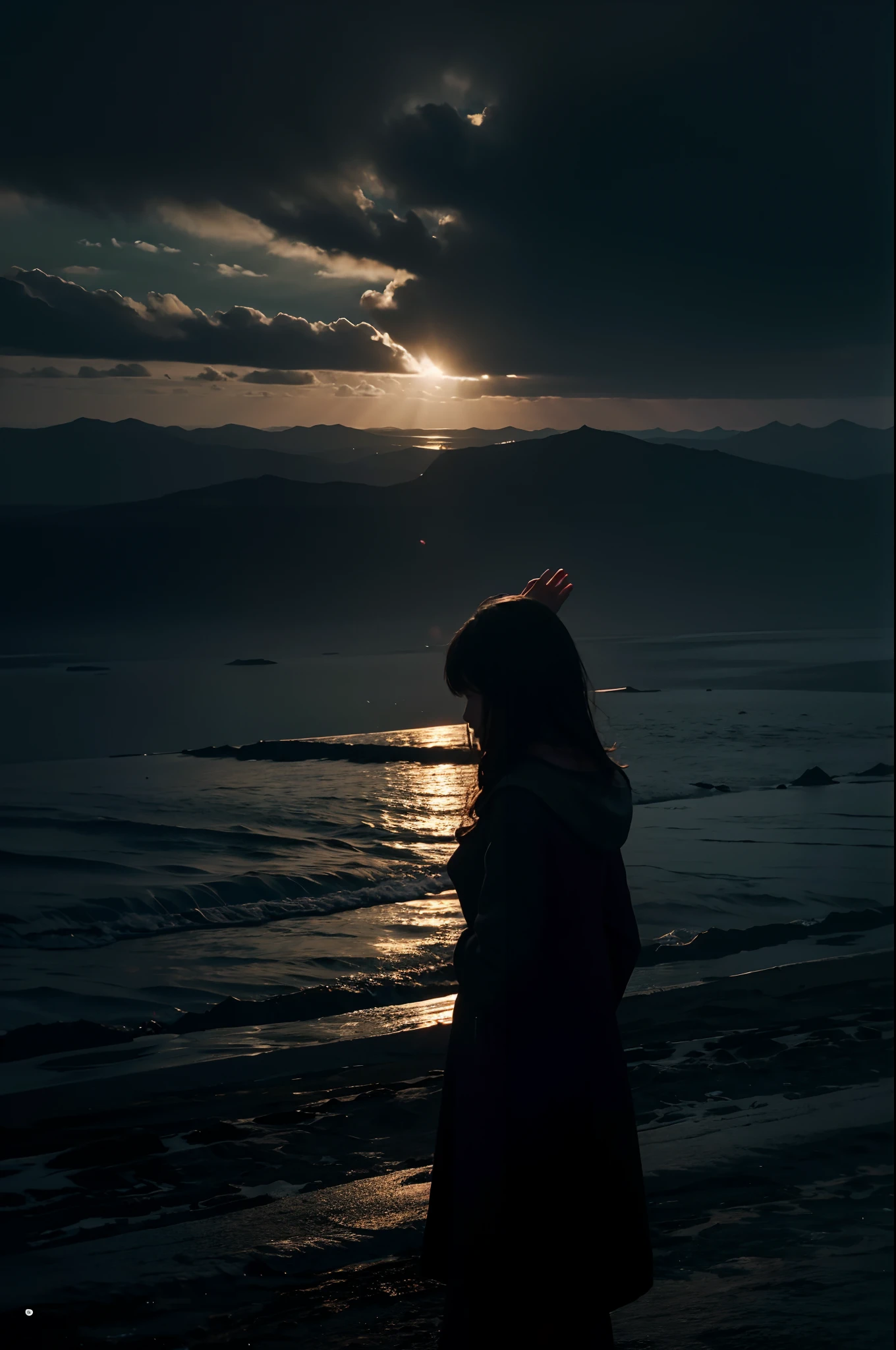 A daughter，Solitude，Raise your head to the sky，Back Shadow，Hands up，Edge of the world，depressive，（Cinematic texture，Master masterpieces，超高分辨率）