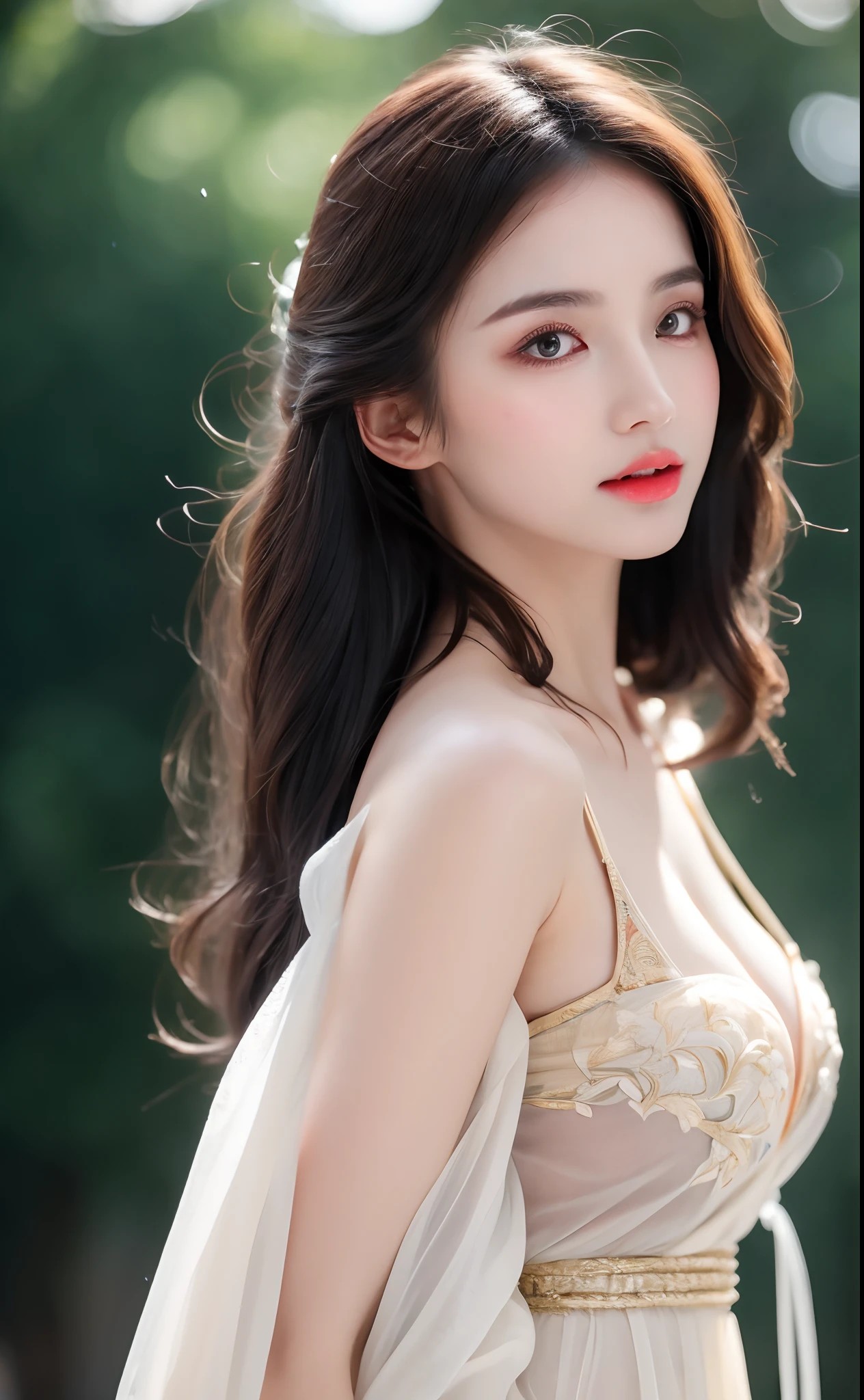((Best Quality, 8k, Masterpiece: 1.3)), Focus: 1.2, Perfect Body Beauty: 1.4, Buttocks: 1.2, ((Layered Haircut)), (Wet Clothes: 1.1), (Rain, Street:1.3), (Breasts: 1.2), (Hanfu: 1.2), Bare Shoulders, Bare Legs, Highly Detailed Face and Skin Texture, Fine Eyes, Double Eyelids, Whitened Skin, Long Hair, (Shut Up: 1.5), (Bokeh Background: 1.5), Big Breasts