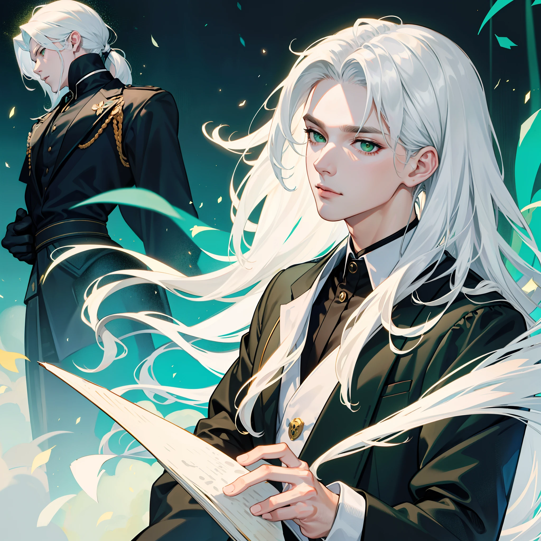 (1 man),(独奏),(Single portrait),(flatchest),(Long white hair),Green eyes,Business suit,Dark atmosphere,grieves,facial closeups,(Face portrait)
