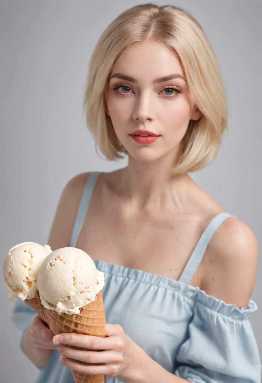 Thirty One's3Blonde bob cut beautiful girl holding Dan ice cream in one hand