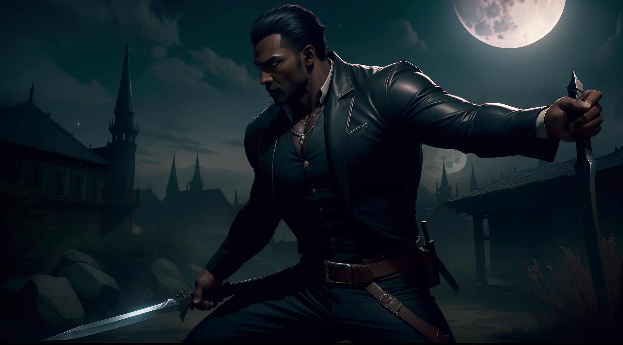 A strong man with dark skin color who is a vampire hunter who uses a sharp sword to hunt them is searching a vampire prey which is hidden in a town, midnight, full moon, glow lights, panoramic view, intricate detail, high resolution, 8k, ultra definition, dynamic composition, action scene, masterpiece