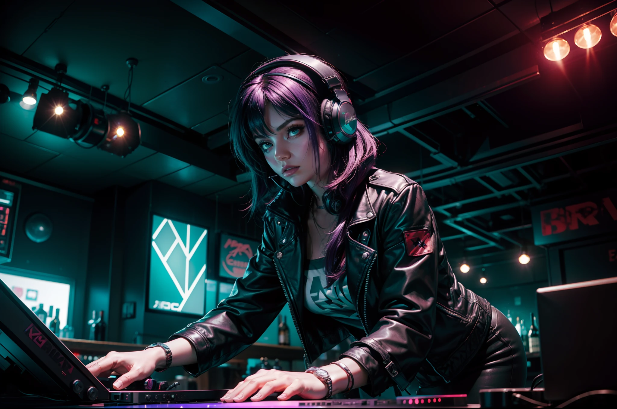 A woman as a dj in a bar. She has dark purple hair, green eyes, leather jacket, red and teal big headphones. Dj equipment, many lights, sparkles, vynil records, rock club atmosphere.