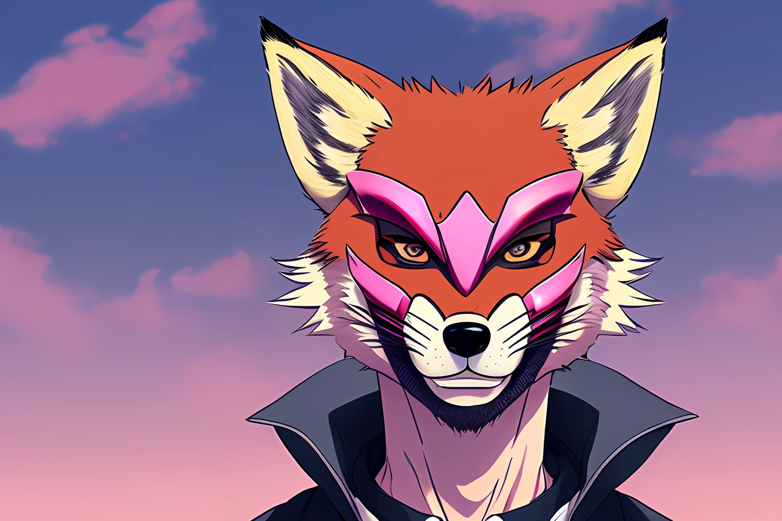 Anime-style fox man with pink mask