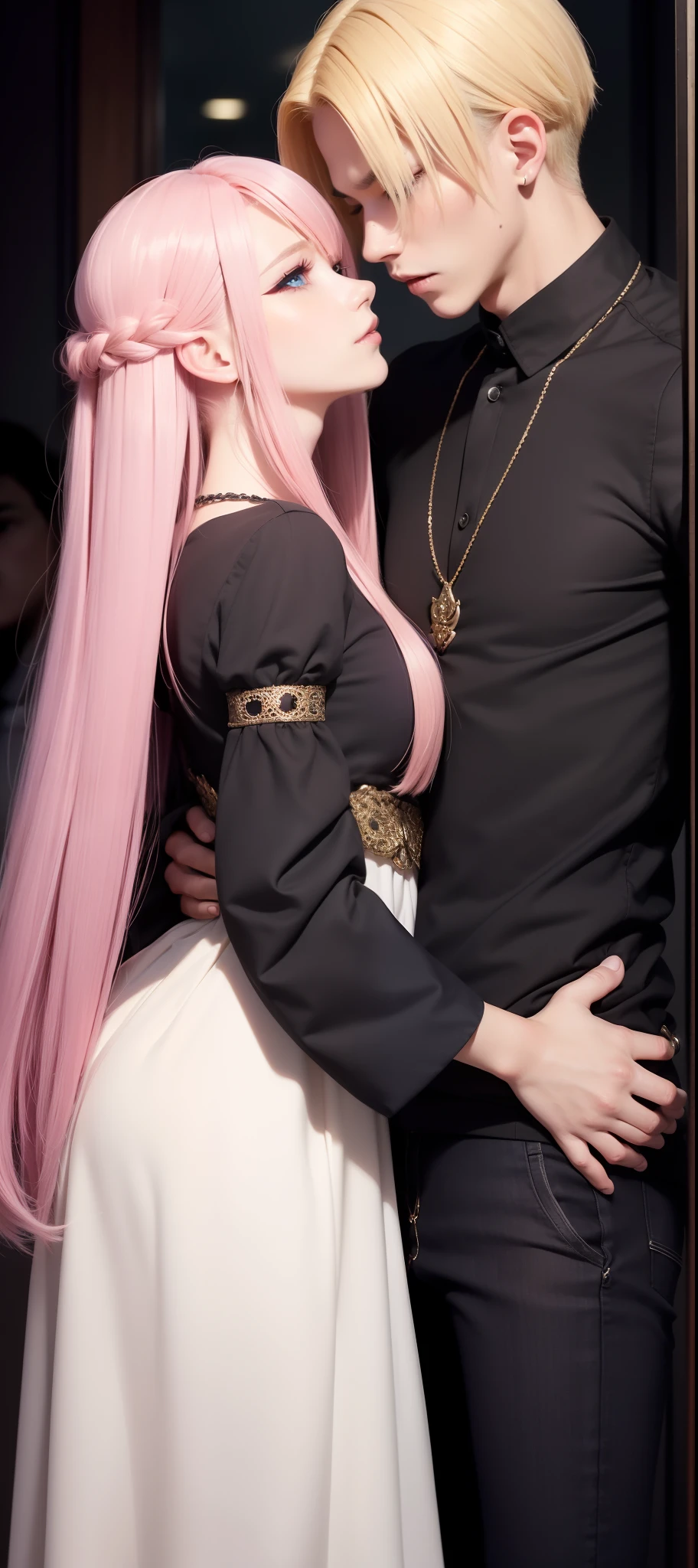 masterpiece, top-quality, 2Others, Male and female couples, 1 man and 1,, Adults, Height difference, different fashion, different color, finely eye and detailed face, intricate detailes, Casual clothing, Oversized shirt, Modern urban streets, Hands on back, A smile, Happiness, tenderness, high-level image quality、 Beautiful men and women、tall、hug from behind、Trying to kiss、Kissing each other, window、nightfall、nighttime scene、𝓡𝓸𝓶𝓪𝓷𝓽𝓲𝓬、Korean Male, Idol Photos, k pop, Professional Photos, Vampires, Korean fashion in black and white, Fedoman with necklace, inspired by Sim Sa-jeong, androgynous vampire, :9 detailed face: 8, extra detailed face, detailed punk hair, ((asa)) baggy eyes, Seductive. Highly detailed, semi realistic anime, Vampires, hyperrealistic teen, delicate androgynous prince, imvu, short hair above the ears, Man with short hair, Woman with long hair, With a man with a glaring expression, Woman with a gentle expression, ((With a man with blonde short hair and light blue eyes)), ((Woman with pretty long pink hair and light blue eyes)), Family photo of 4 people, With two children