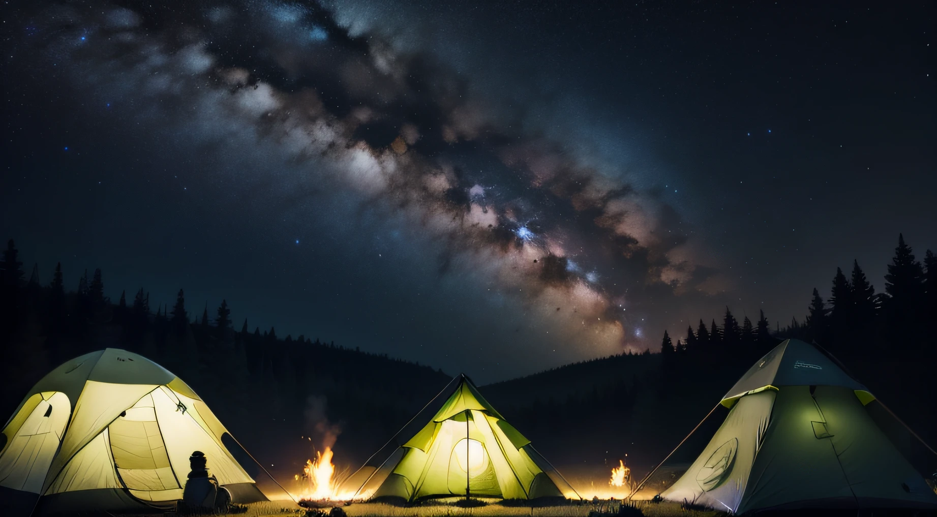 nigth,Black ground,Lots of stars,A tent,campfires,No Man,Big Day,grassy fields,The lens is far away,quadratic element