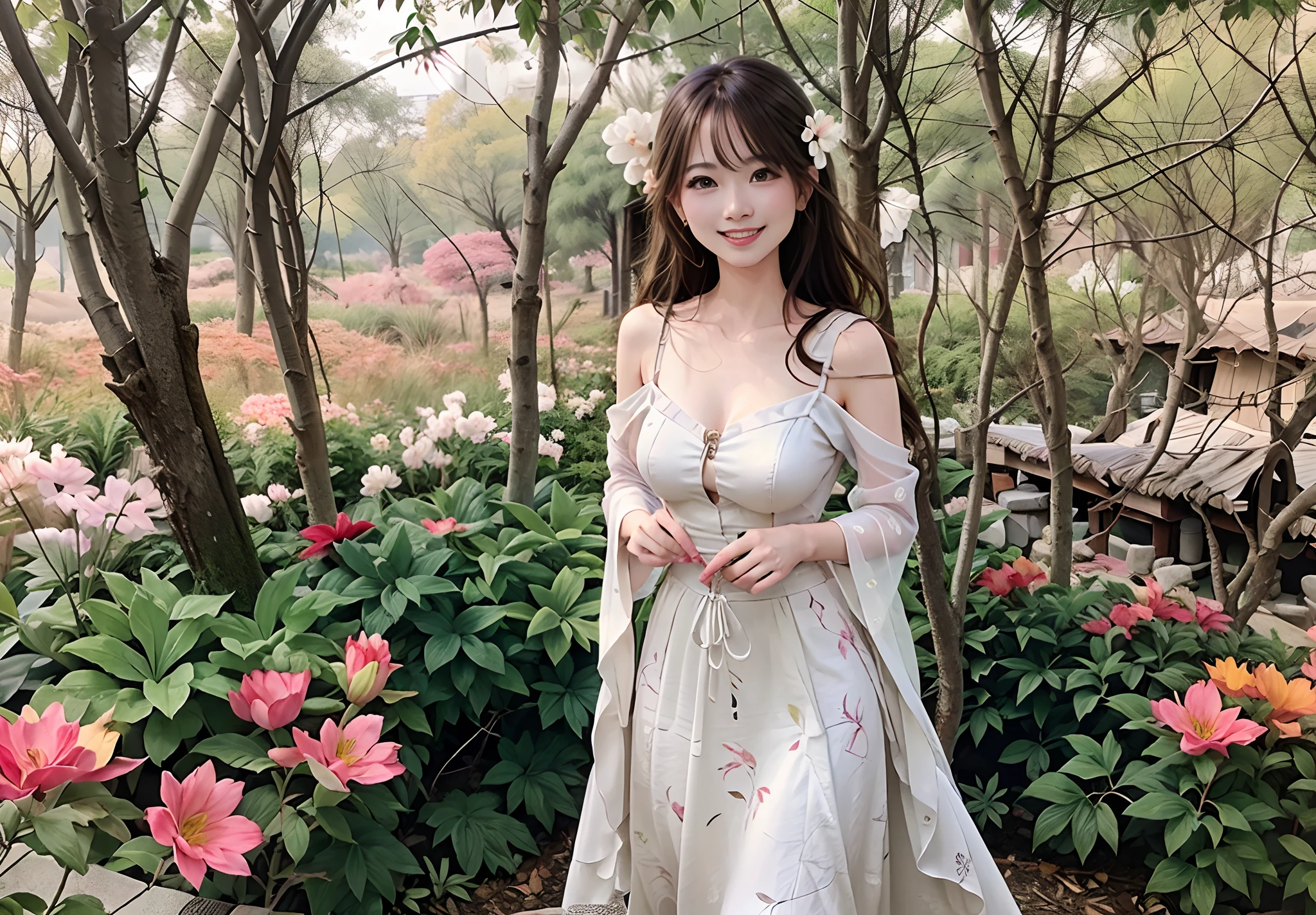 gongbi:1.3、a bird、florals、The tree、Grassy、the wind、8k wallpaper:1、Woman in wedding dress、A smile、Hair is shaking