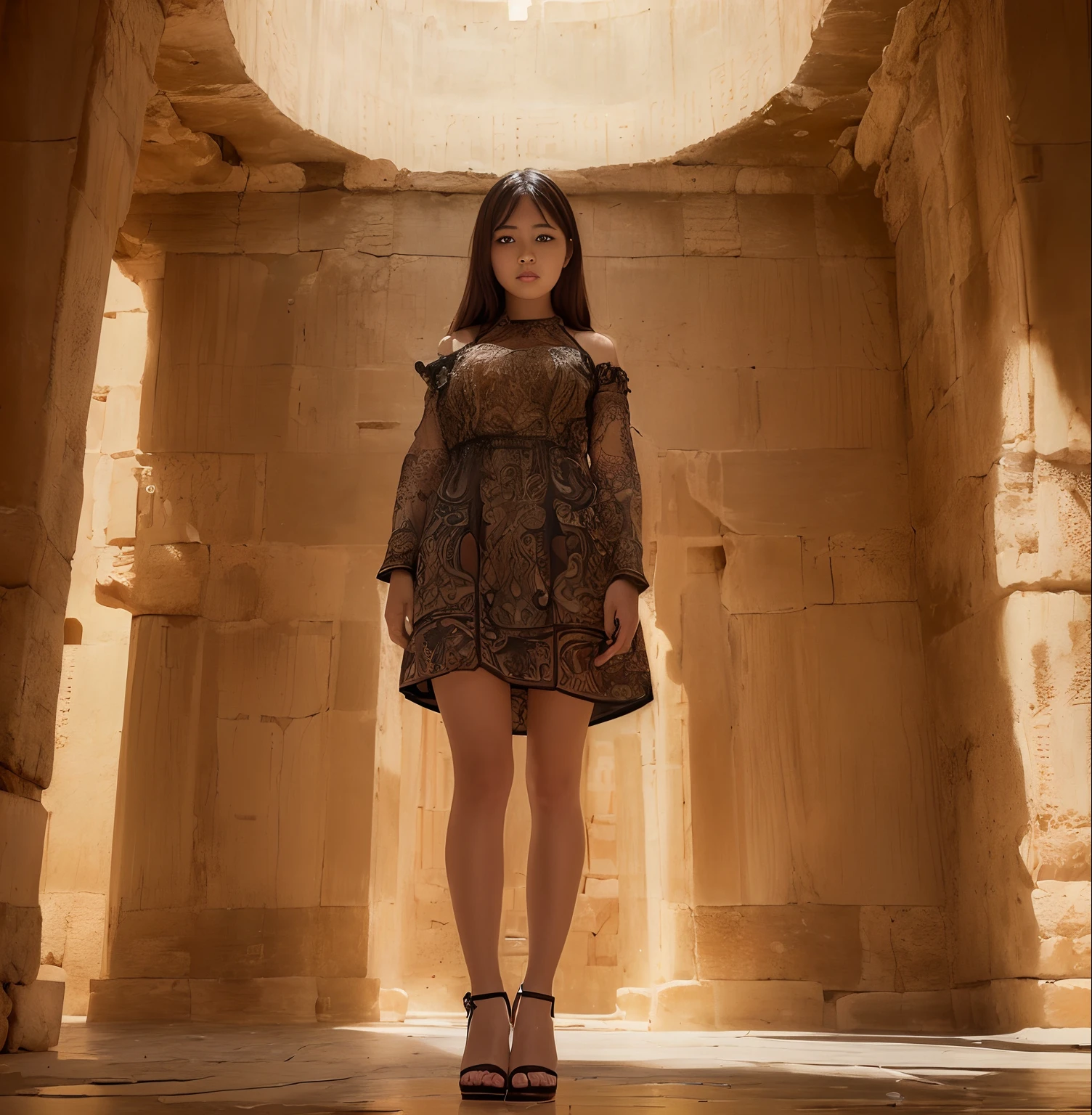 (young intricate woman in the Baalbek complex of buildings:1.5), her beautiful and cute face, wide angle lens f/2.8, ultra insane high resolution intricate textures, texture indentation, perfect perspective, perfect geometry, the solar system in another dimension, other worlds, extraterrestrial giant beings perform a ritual, fire all around, celestial singularity, energy fields, gloomy image, luminism, ultra detailed busy background, tessellation, maximalism, perfectionism, IPA Award wining masterpiece,