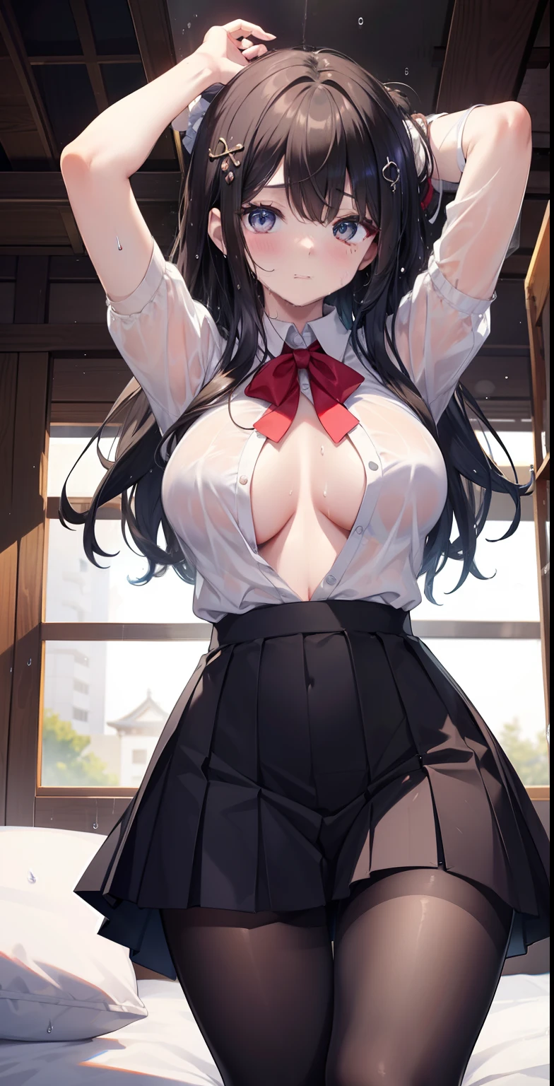 ULZZANG-6500-V1.1, (RAW PHOTO:1.2), (Photorealistic), a beautiful detailed girl, extremely detailed eyes and face, beautiful detailed eyes, (Huge ceiling), high resolution, ighly detailed, superior quality, [workmanship press:1.6], illustratio, ighly detailed, CG, fine detail, superior quality, Highly detailed 8k uniform CG wallpaper, cinematic lighting, 1girl in、17 years old、Japan cute high school girl、[Show your bra:1.5 ], breasts、J-cup:1.9]、beautiful droopy eyes、beautiful big eyes、(no bra)、sweat and get wet、[sexual arousal:1.1]、[lyin in bed:1.5]、raise both hands、tape of the school uniform around the neck、A slight smile、(the whole body is wet:1.2)、bright eyes、Put your head on the pillow、a navel、Open button、(tights)