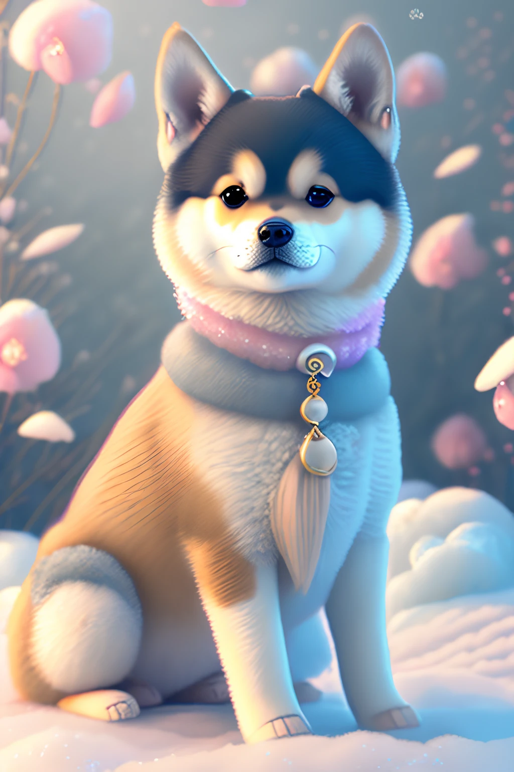 Nesta arte CG ultra-detalhada, Dog cute, Shiba Inu, surrounded by ethereal roses, risos, melhor qualidade, alta resolução, detalhes intrincados, fantasia, animais bonitos, Esquerda, humorous.