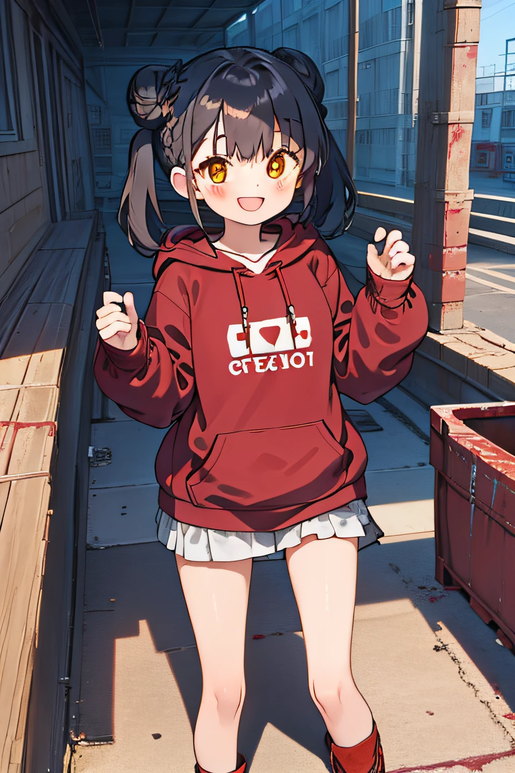 masterpiece, best quality, 1girl, solo, black hair, blunt bangs, braided buns, twintails, yellow eyes, (black big hoodie), (a knee-length hoodie), smiling, laughing, standing, (five fingers), a dirt floor, in the port, construction site, (many containers), stacked with lots of containers, in the afternoon, (an evening glow), red paint on one's hands, ((red paint dripping from one's hands)), ((a pool of red paint on the floor))