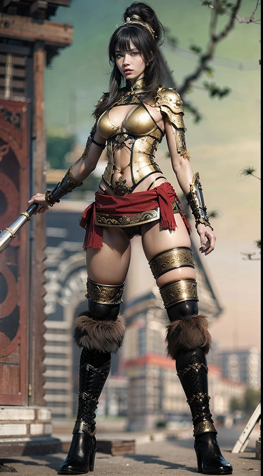 Ancient Chinese architecture,Female warriors in national style,Wear revealing armor,Simple clothing, Minimalist style,Mixed Chinese and American races,The background is blurred out,focal,Cowboy shot,电影灯光,(((tmasterpiece))), ((best qualtiy)), ((Complex and detailed)), ((ultra-realistic realism)), Ridiculous resolution, A MILF, Mature woman, ssee-through, highly detailed, illustratio, 1girll, (mediuml breasts), Thin waist and thick hips,long leges,beatiful detailed eyes, short detailed hair, brunette color hair, a purple eye, blackstockings,lacy clothing,with faintly visible,Cool armor,The body proportions are perfect,(No underwear:1.2),detailed back ground, perfect eyes, Seductive eye, (nice hand),Detail hands,looking at viewert,From the front,Wear light,juicy legs,deep v big breasts,Tattooed with