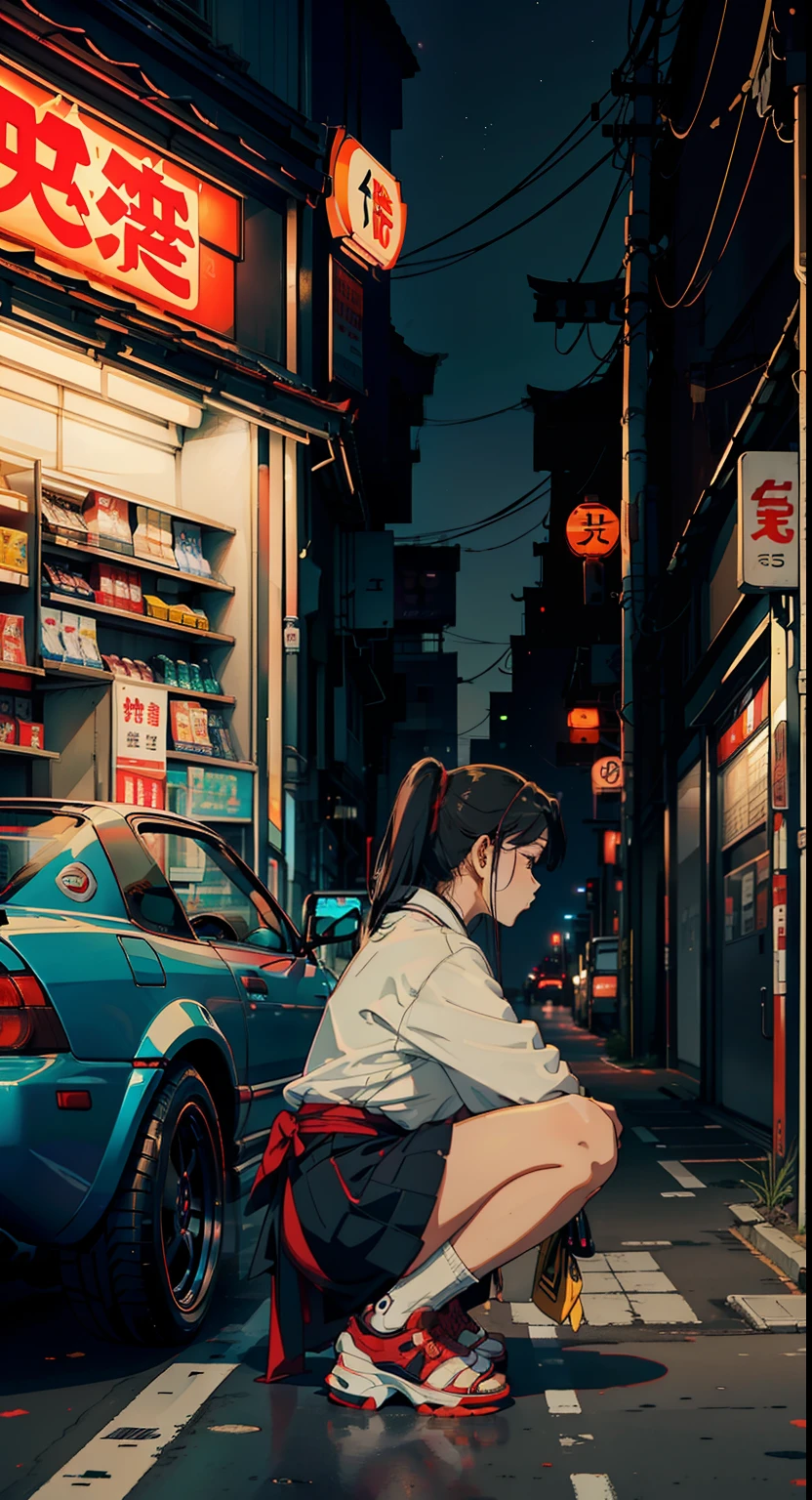 (Japanese convenience store), solo, ((1 girl)), ((crouching)), (crouched), beside a 1990 Mazda MX5, (3/4 full body side profile), ((car)), JDM, BMW E30, Honda NSX, Toyota AE86, night time, starry, cyberpunk art style, sidewalk, vibrant, beautifully detailed, best quality, (highly detailed), wallpaper