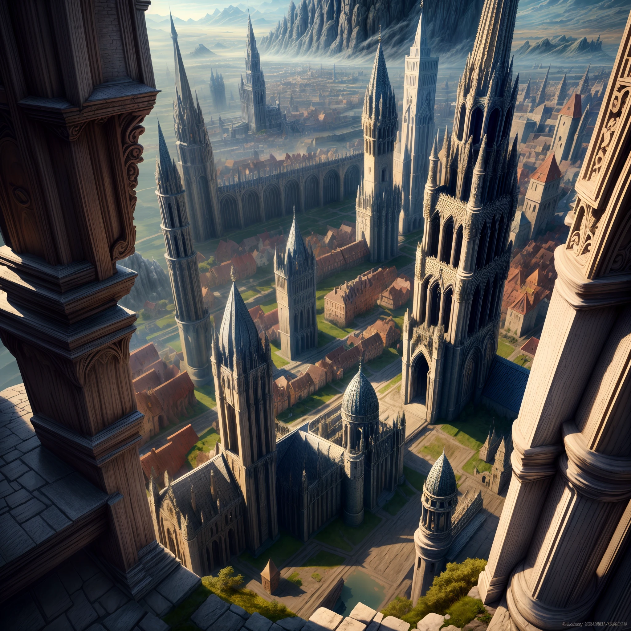 wide - angle shot， Fantasy Giant Medieval City ，Detailed and complex background， ultra realistic, high resolution, hyper HD,, reflective light， structurally correct, Award-Awarded, high detail, lighten shade contrast, cinematic lighting, masterpiece, super detailing, high quality, high detail, best quality, 16k，High contrast,