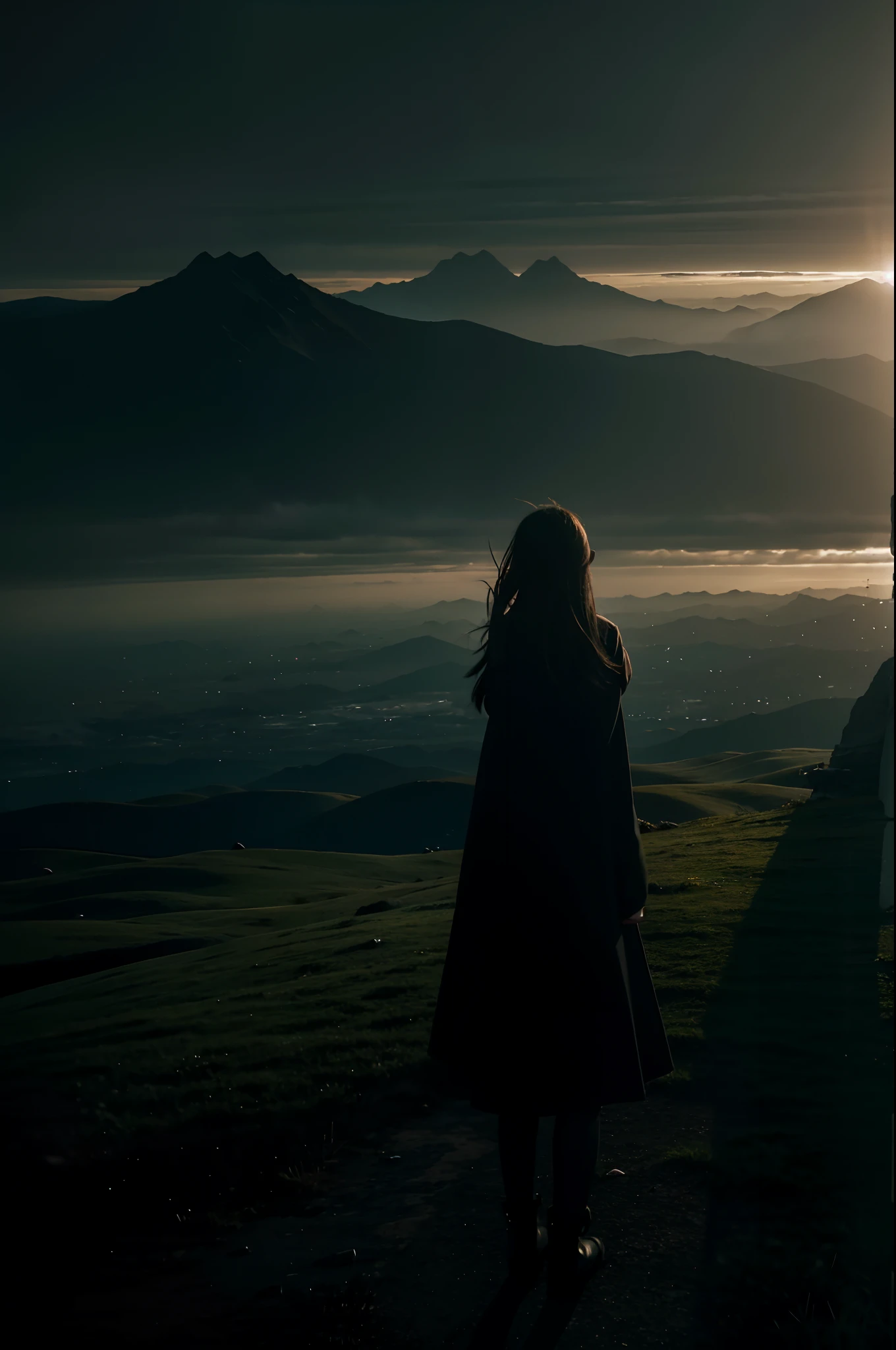 A daughter,Solitude,Raise your head to the sky,Back Shadow,Hands up,Edge of the world,depressive,(Cinematic texture,Master masterpieces,超高分辨率)