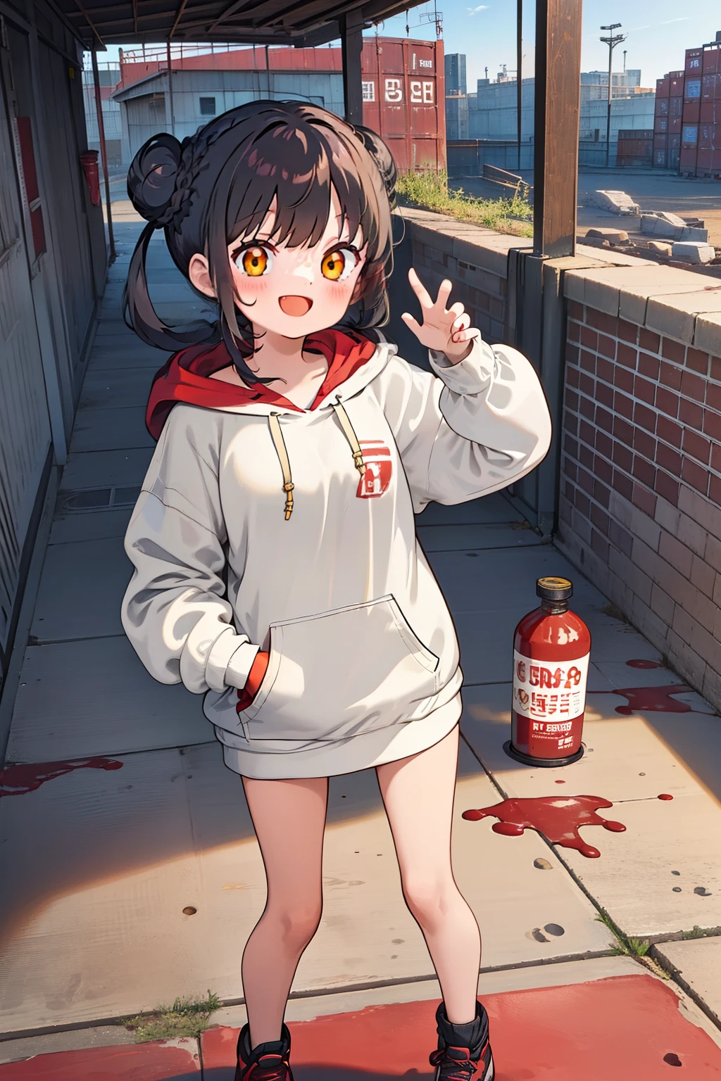 masterpiece, best quality, 1girl, solo, black hair, blunt bangs, braided buns, twintails, yellow eyes, (black big hoodie), (a knee-length hoodie), smiling, laughing, standing, (five fingers), a dirt floor, in the port, construction site, (many containers), stacked with lots of containers, in the afternoon, (an evening glow), red paint on one's hands, ((red paint dripping from one's hands)), ((a pool of red paint on the floor))