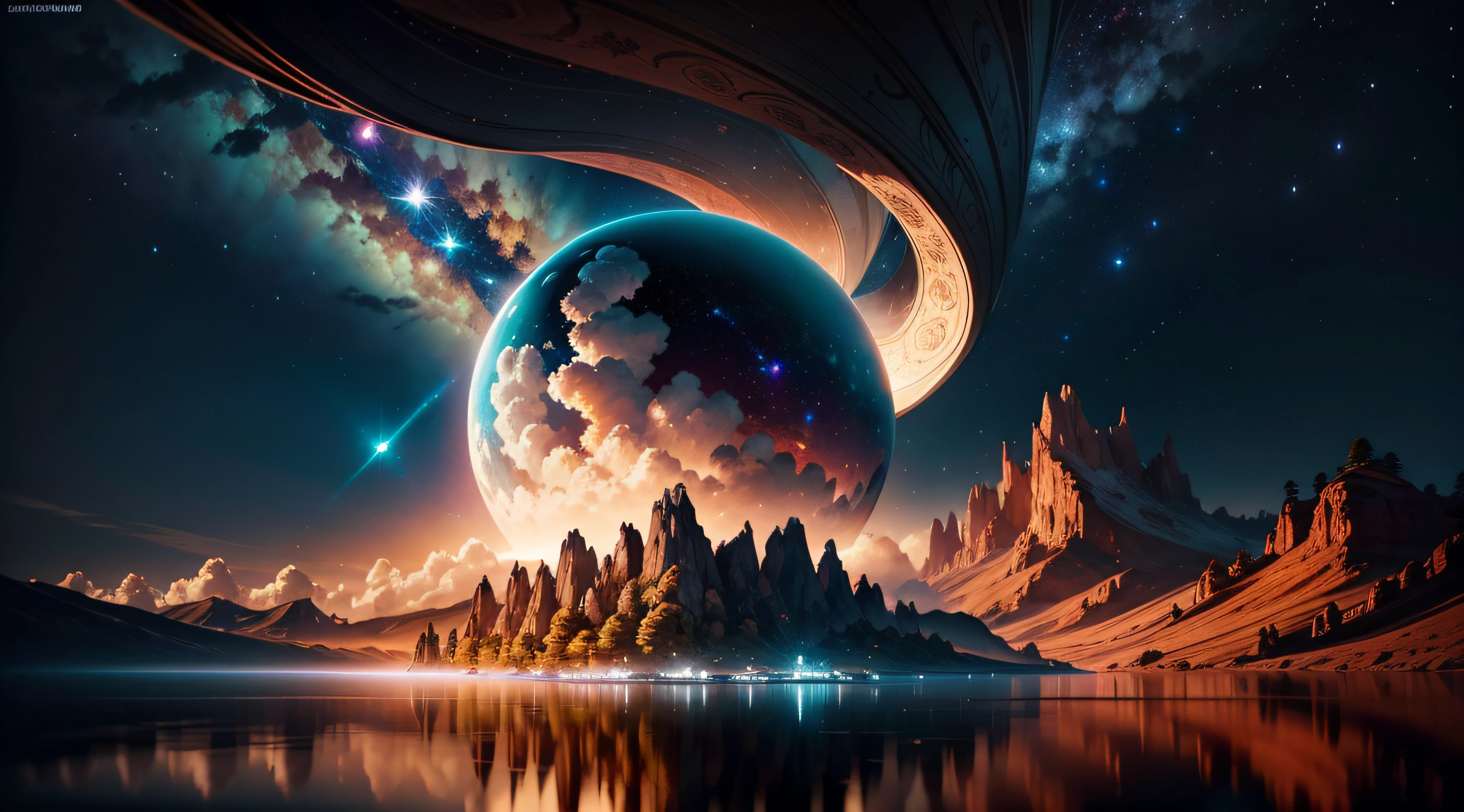 Create an image that depicts a breathtaking surrealist planet. Nesse planeta, The skies are adorned with a multitude of stars, creating a breathtaking view that harks back to the wonder of the universe.
The image seeks to achieve the status of a masterpiece, e para isso, o realismo deve ser o foco central. Cada detalhe deve ser minuciosamente trabalhado, from the lighting and the detailed shadows that give depth to the scene, even the meticulously represented reflections that enrich the composition.
As cores devem ser vivas e ricas, highlighting the surreal beauty of the planet. A faint glow should be applied to evoke a sense of magic and enchantment. The sky should be adorned by magnificent clouds that add dynamism to the scene.
The representation of the stars in the sky is essential to create the desired spectacular view. Cada astro deve ser meticulosamente renderizado, contribuindo para a atmosfera celestial da imagem. The symmetry and depth in the composition must be explored to create a captivating visual effect.
It is recommended to use advanced rendering techniques to achieve an impressive level of realism. Texturas detalhadas devem ser empregadas para enriquecer cada elemento da imagem