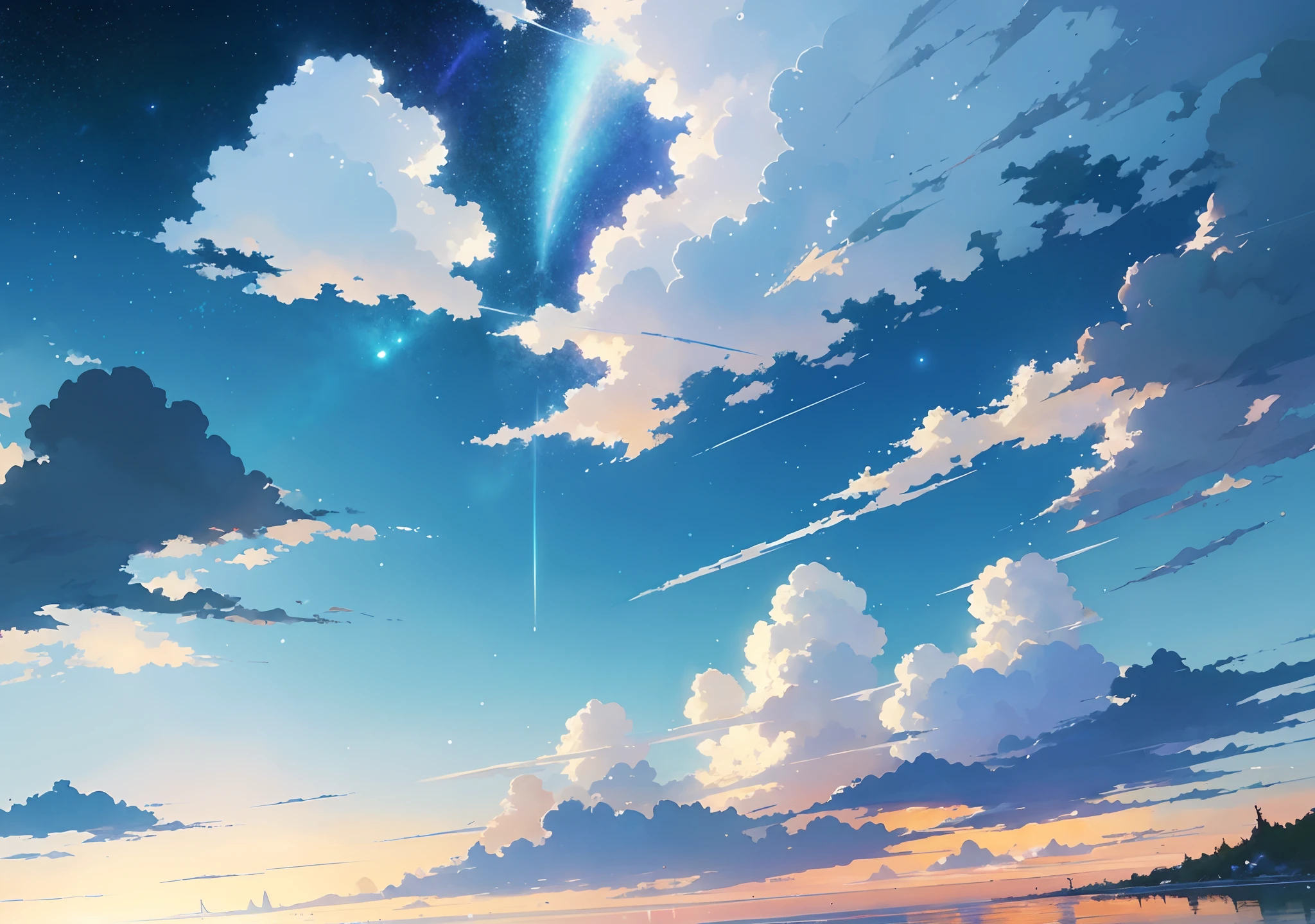 Summer, Makoto Shinkai&#39;s concept art, tumblr, magic realism, beautiful anime scenes, beautiful skies. by makoto shinkai, ( ( makoto shinkai ) ), anime background art, anime backgrounds, Makoto Shinkai&#39;s style, anime movie backgrounds, galaxy express, no humans. --v6