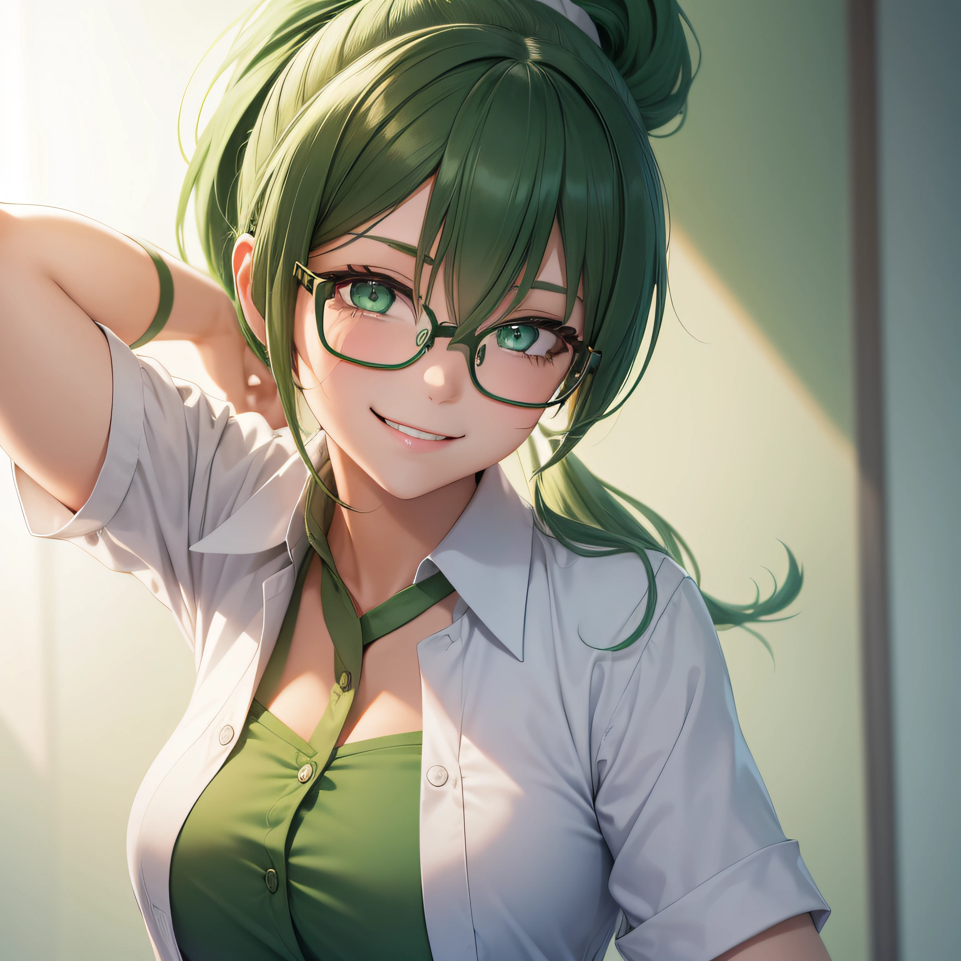1 girl, green ponytail hair, green eyes, smile face, glasses, nurse, blank background, high res, ultra sharp, 8k, looking at viewer