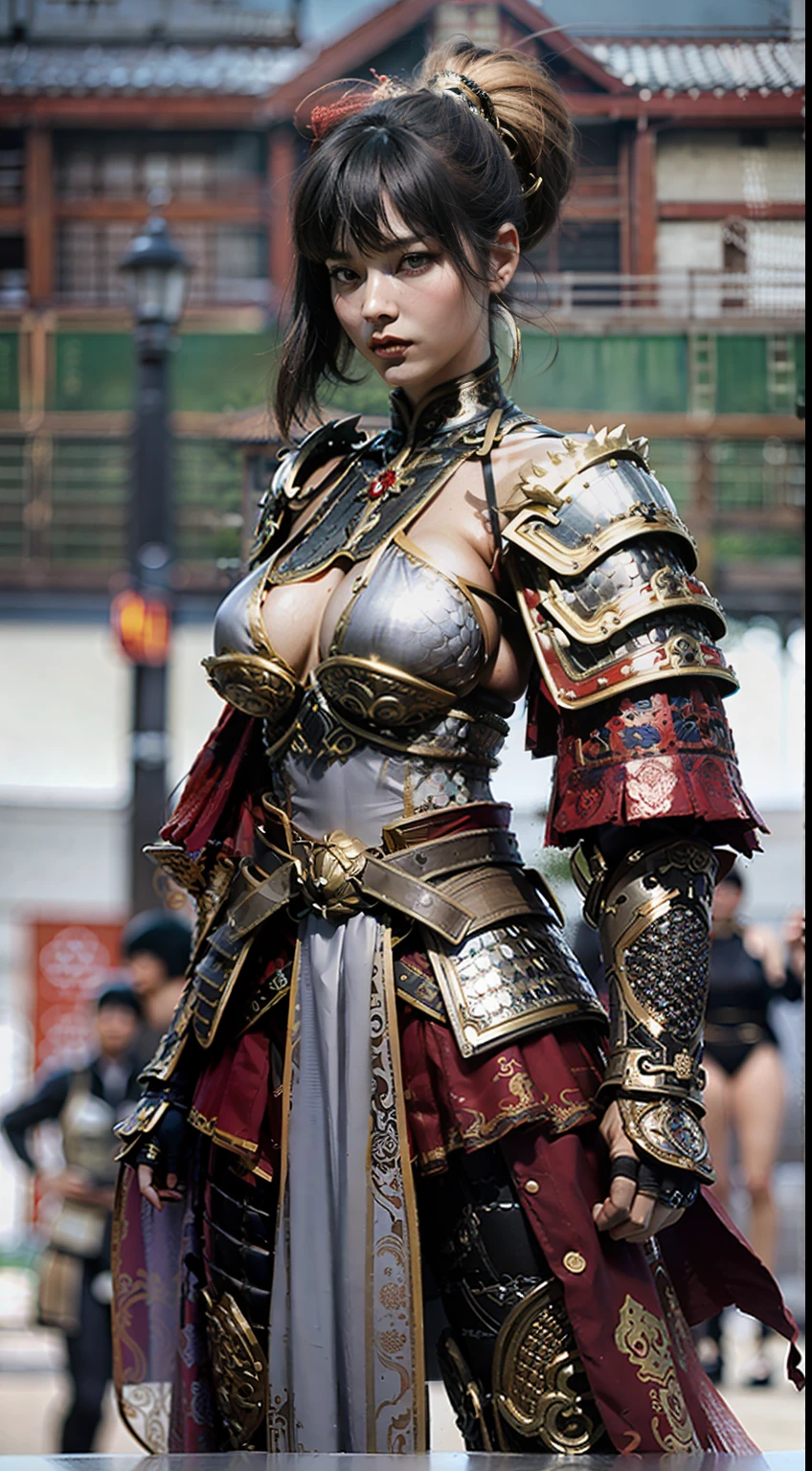 Ancient Chinese architecture，Female warriors in national style，Wear revealing armor，Simple clothing， Minimalist style，Mixed Chinese and American races，The background is blurred out，focal，Cowboy shot，电影灯光，(((tmasterpiece))), ((best qualtiy)), ((Complex and detailed)), ((ultra-realistic realism)), Ridiculous resolution, A MILF, Mature woman, ssee-through, highly  detailed, illustratio, 1girll, (mediuml breasts), Thin waist and thick hips，long leges，beatiful detailed eyes, short detailed hair, brunette color hair, a purple eye, blackstockings，lacy clothing，with faintly visible，Cool armor，The body proportions are perfect，（No underwear：1.2），detailed back ground, perfect  eyes, Seductive eye, （nice hand），Detail hands，looking at viewert，From the front，Wear light，juicy legs，deep v big breasts，Tattooed with