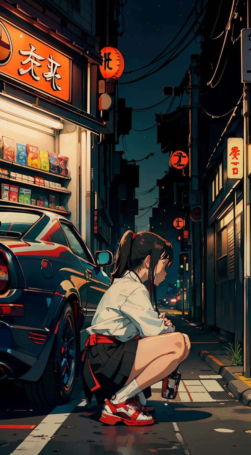 (Japanese convenience store), solo, ((1 girl)), ((crouching)), (crouched), beside a 1990 Mazda MX5, (3/4 full body side profile), ((car)), JDM, BMW E30, Honda NSX, Toyota AE86, night time, starry, cyberpunk art style, sidewalk, vibrant, beautifully detailed, best quality, (highly detailed), wallpaper