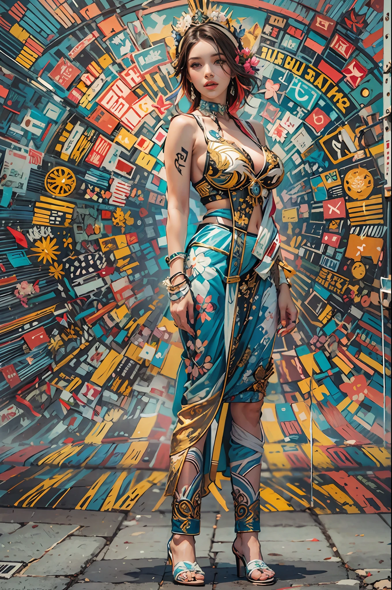 En un mundo virtual, una gran cantidad de datos pasan zumbando en todas direcciones., En el centro de la imagen, una mujer muy hermosa con un peinado colorido y un mono de colores brillantes mira el mundo que la rodea.. (La mejor calidad) obra maestra ((pechos muy grandes)) ((cabello rubio)) (cuerpo delgado)